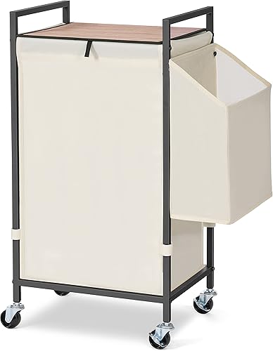 Cesta de lavandería con tapa marrón rústico y ruedas cesta grande de lavandería con ruedas de 96L con bolsa de forro Oxford extraíble canasta alta