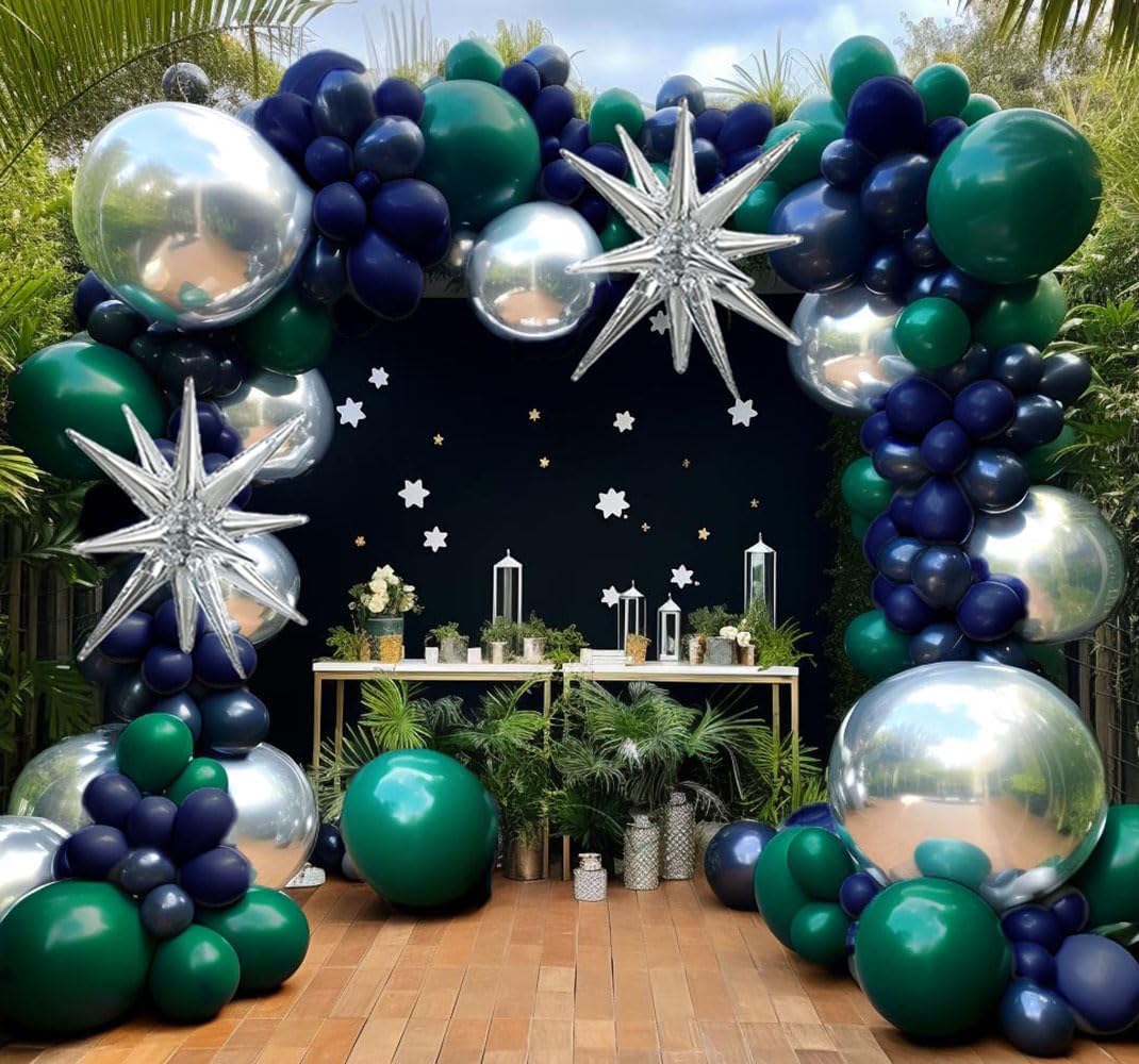 Navy Blue Green Silver Balloon Garland Double Stuffed Dark Green Silver Forest Navy Balloon Metallic Arch Kit for Birthday Football Game Dinosaur