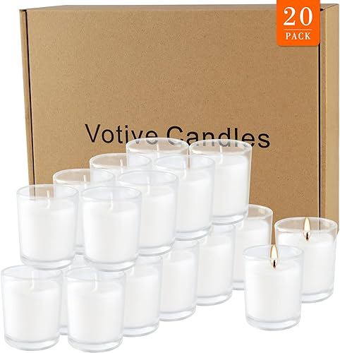 Miniatura 8 de Paquete de 20 velas votivas rellenas de vidrio transparente sin perfume de color blanco cálido. Vela de cera vertida a mano, regalo ideal para