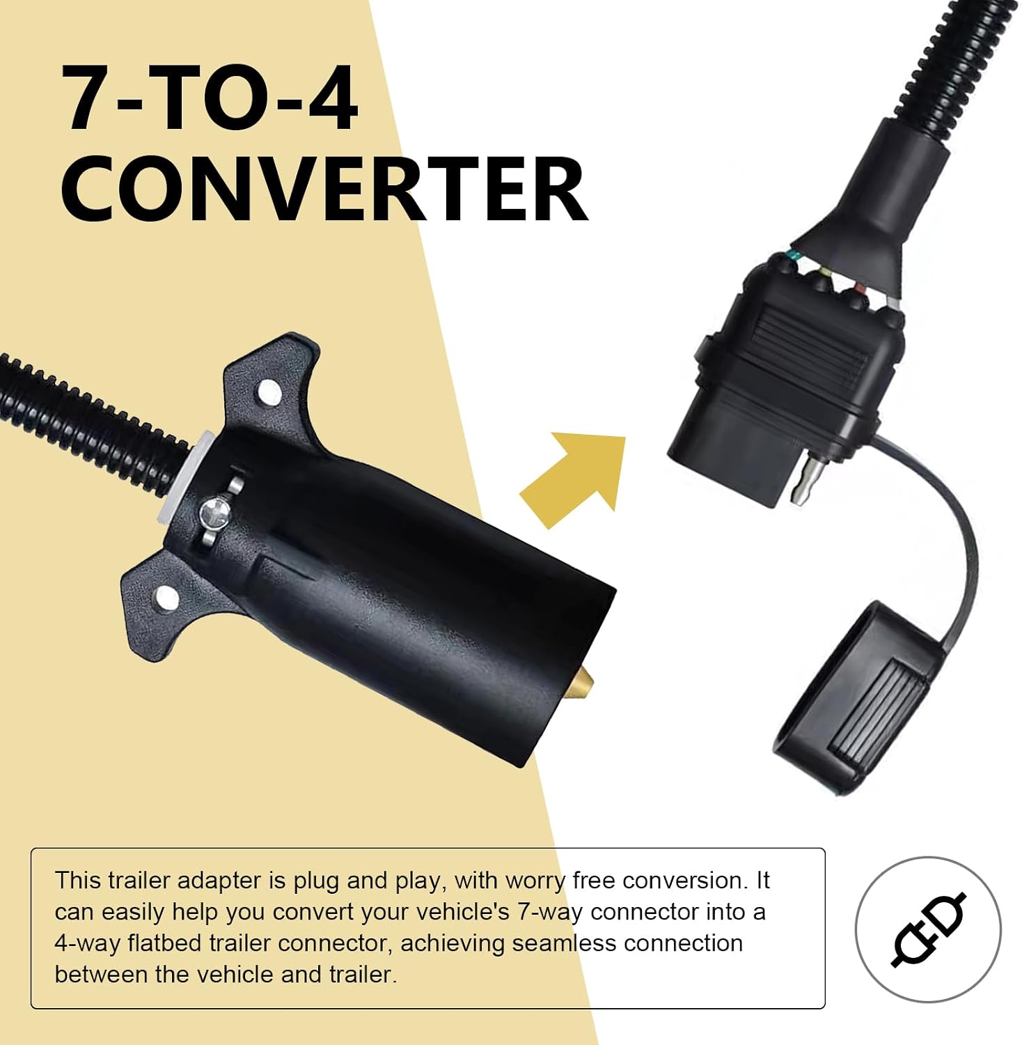 7 Way to 4 Way Trailer Harness Cable Adapter, High-power Plug and Play Electrical Extended Jacketed Cable with Seal Cover, Universal Pigtail Wiring Harness, for Most Cars Trucks RV (Black)