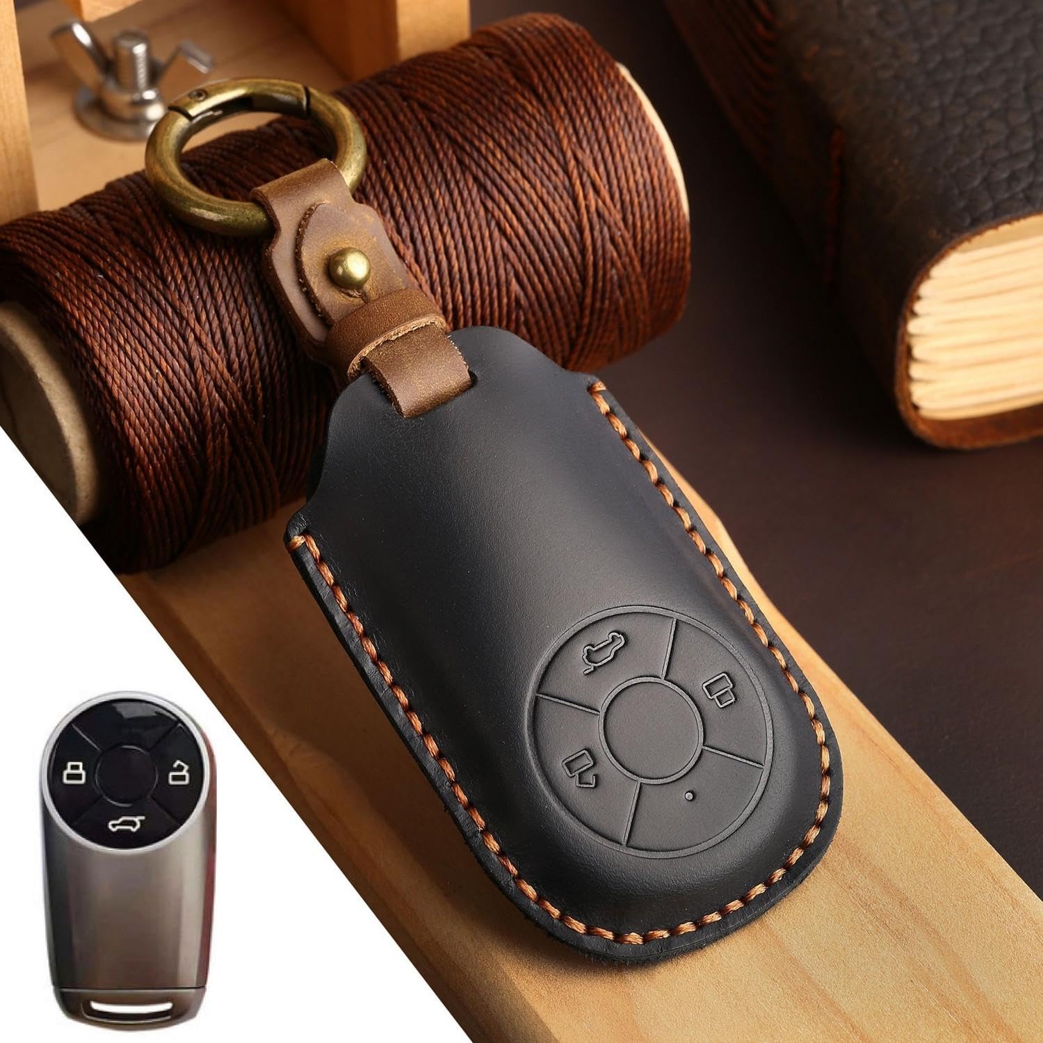 Coque de clé Euler Good Cat en cuir et zinc pour protection de clé connectée