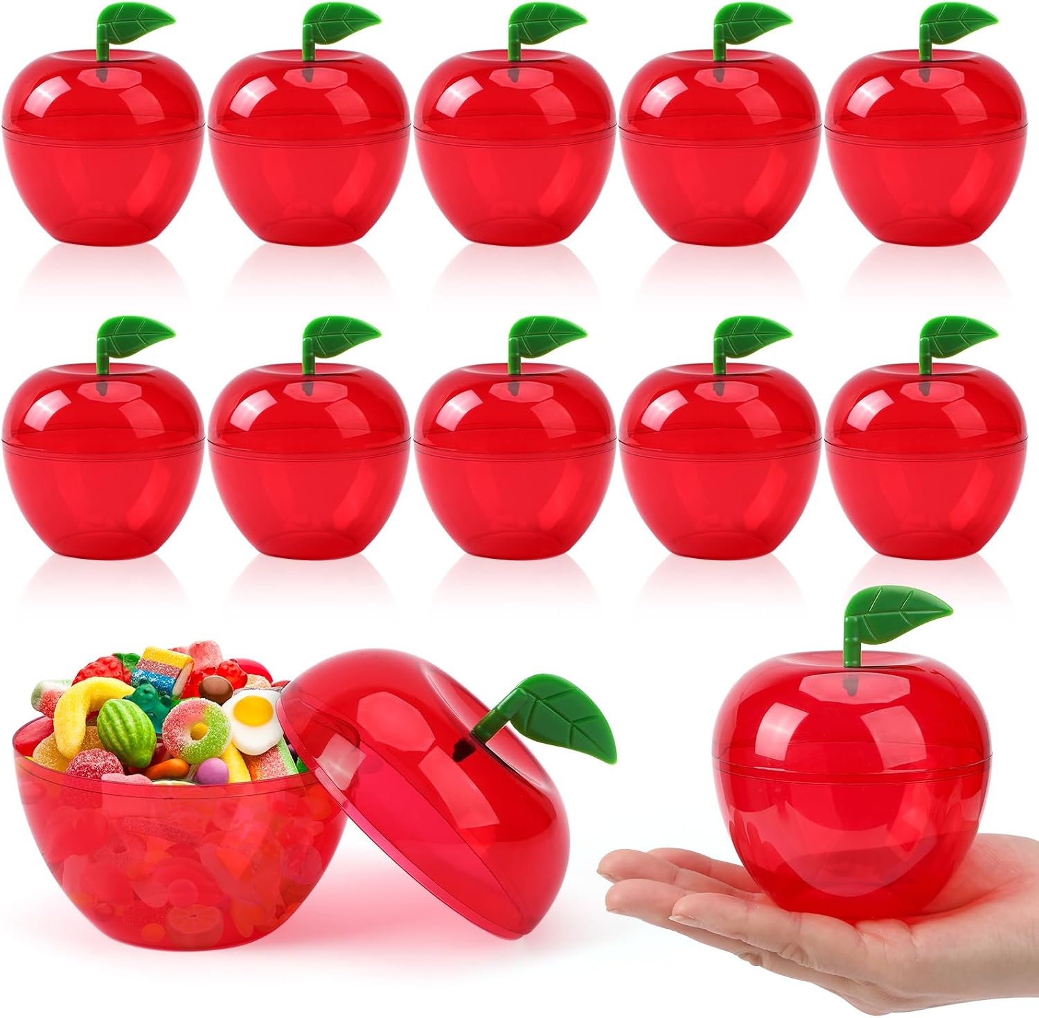Jansun 12 Pcs Large Plastic Apples Containers, Red Clear Apples Candy Boxes Apples Jar Decorations for Teacher Appreciation Back To School Party Favor