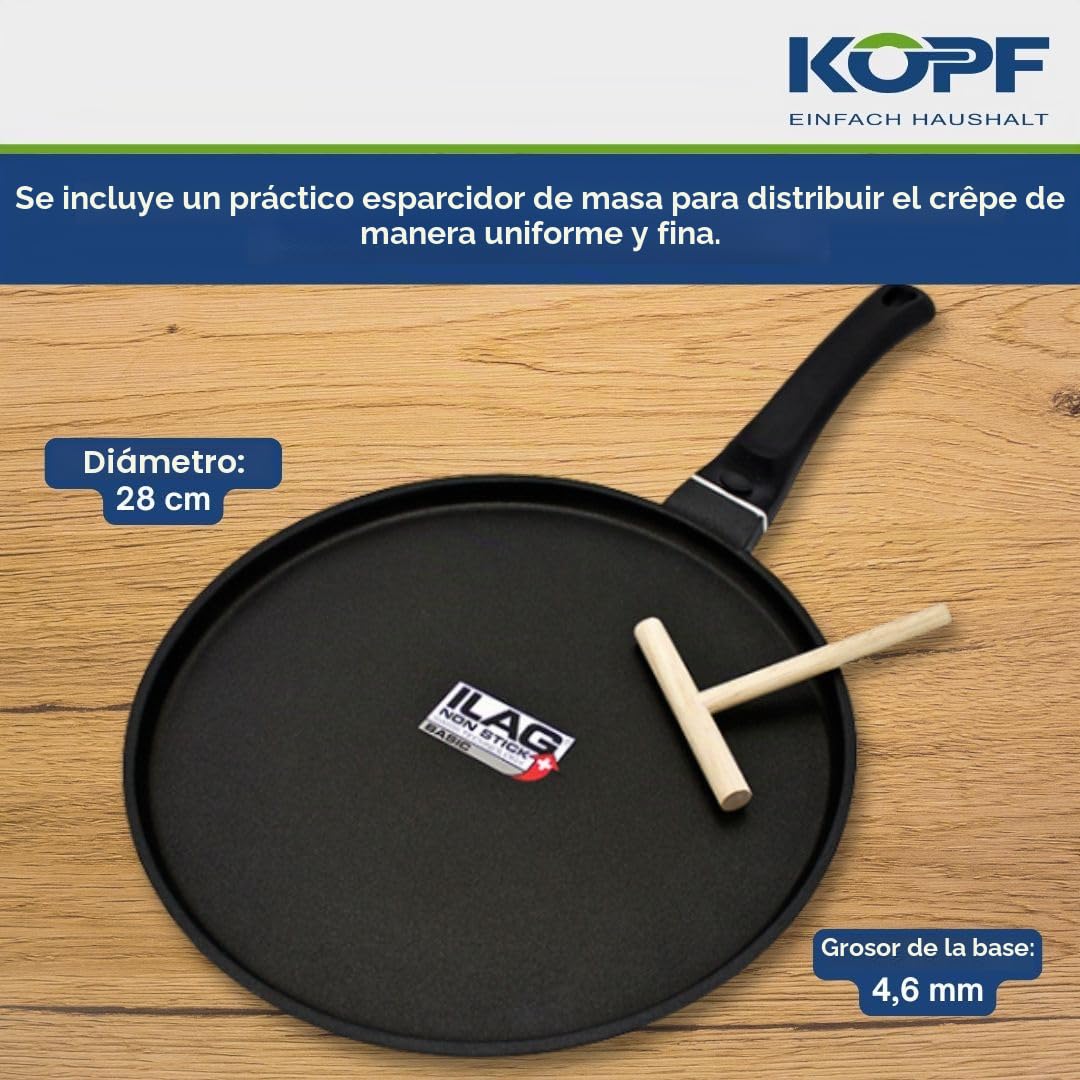 Kopf sartén para crepes Marra (aluminio fundido, 28 cm, revestimiento ILAG, inducción) incl. esparcidor de masa