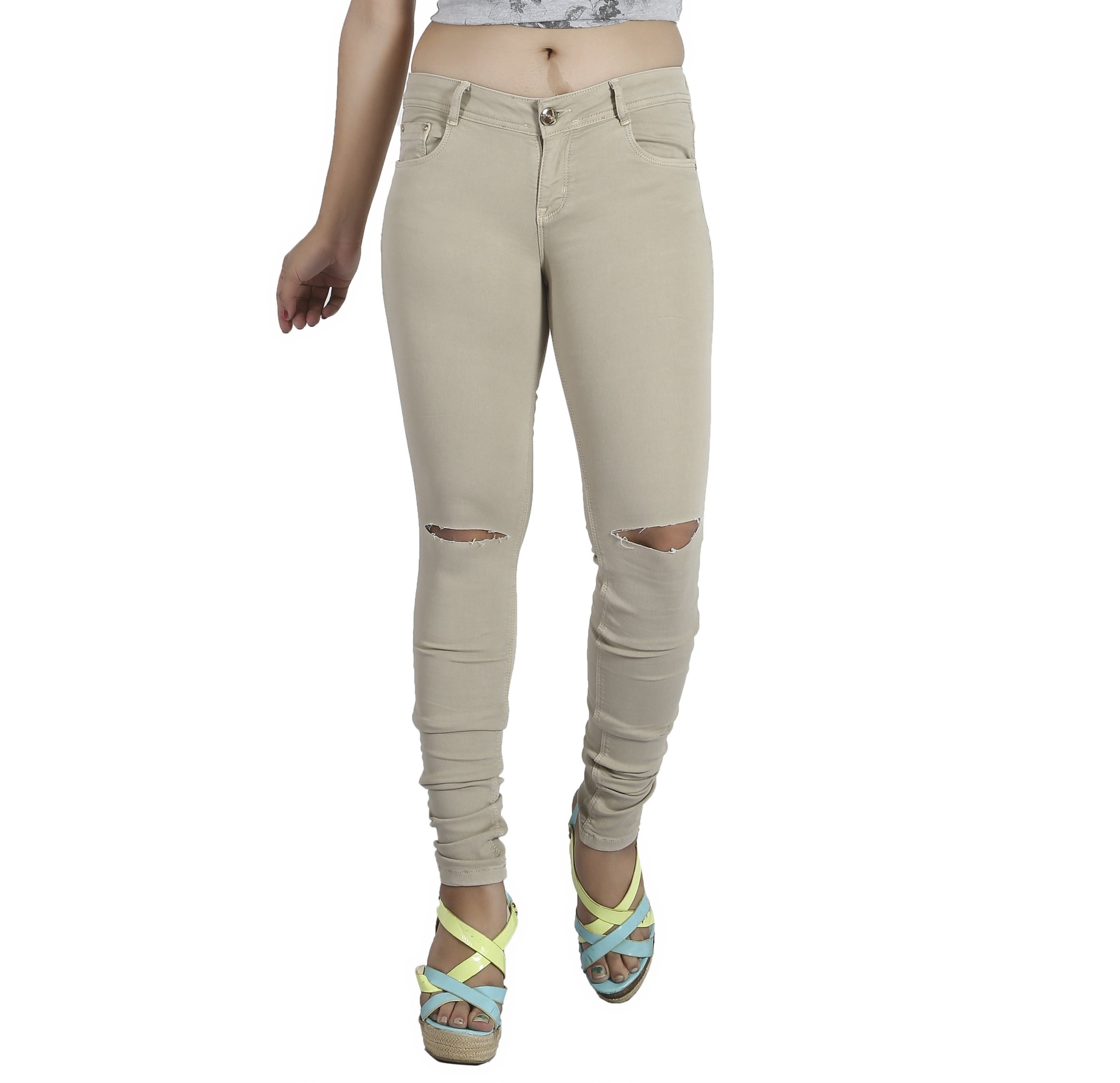 FCK-3 Women's Stylish Knee Slit Silky Stretchable Denim