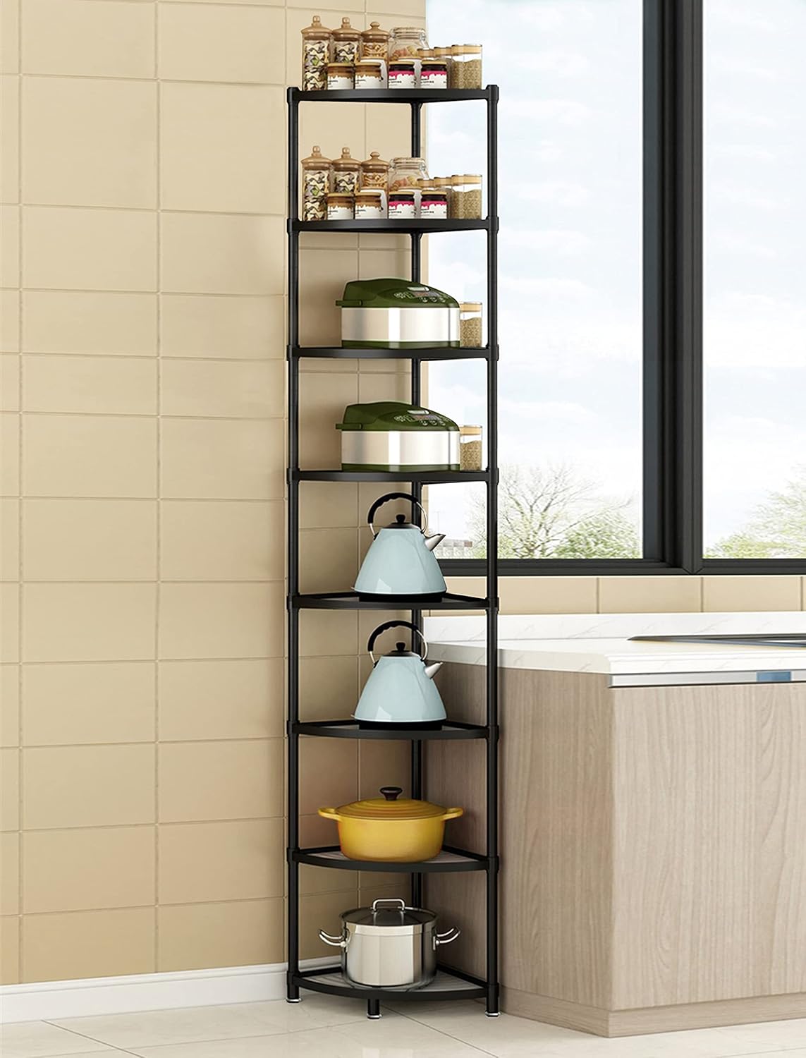 Kitchen Corner Shelf Rack, Multi-layer Pot Rack Storage Organizer Metal Shelves Holder (8 Tier)