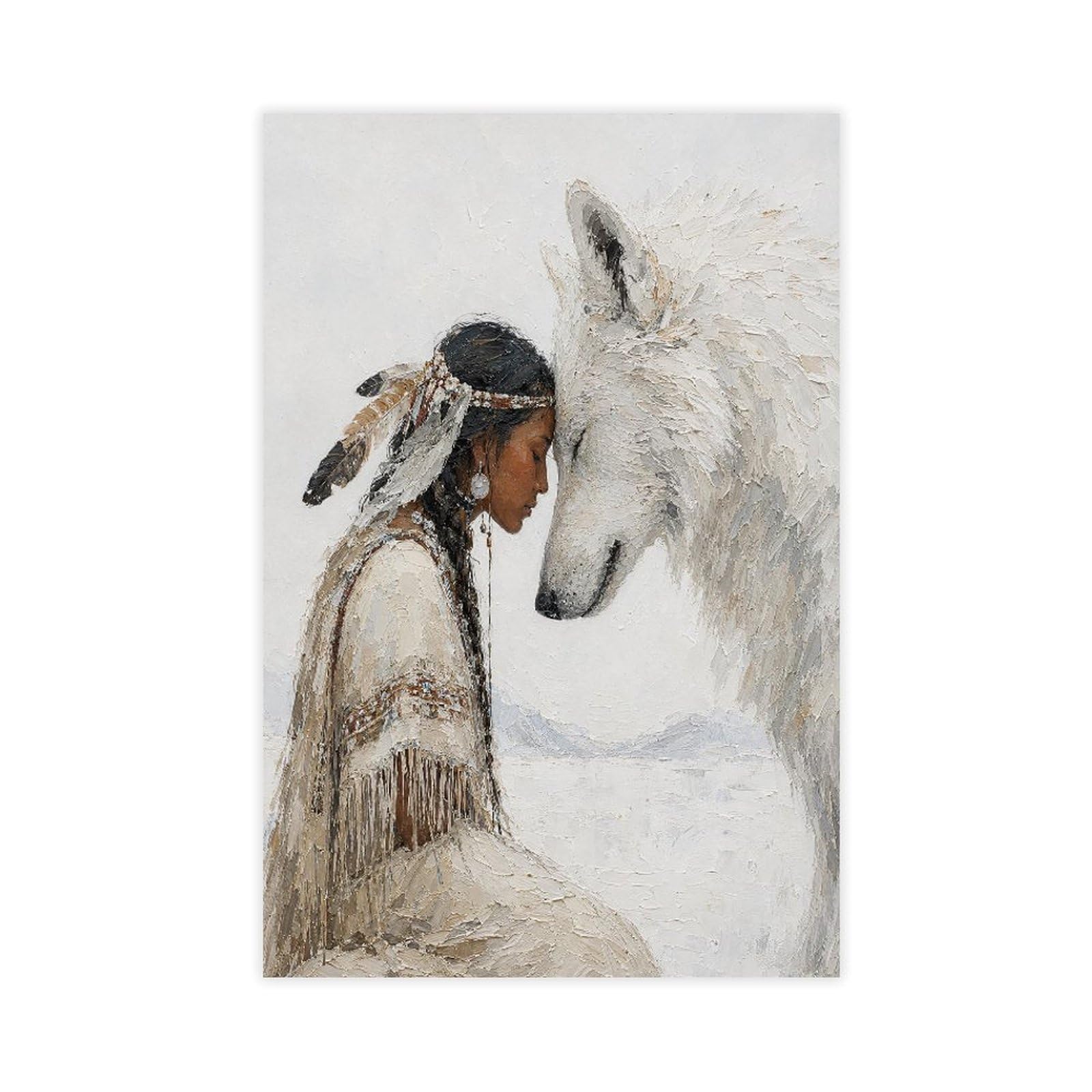 W7c8u2x3 Unframe-Style-6 Native Woman With White Wolf Canvas Wall Art, Quiet Portrait