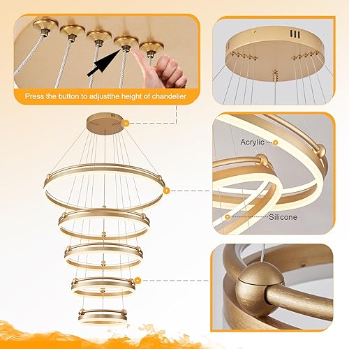 Miniatura 9 de Candelabro LED moderno de 10 anillos, dorado, D31.5, grande, regulable, iluminación colgante con control remoto, lámparas de techo alto para