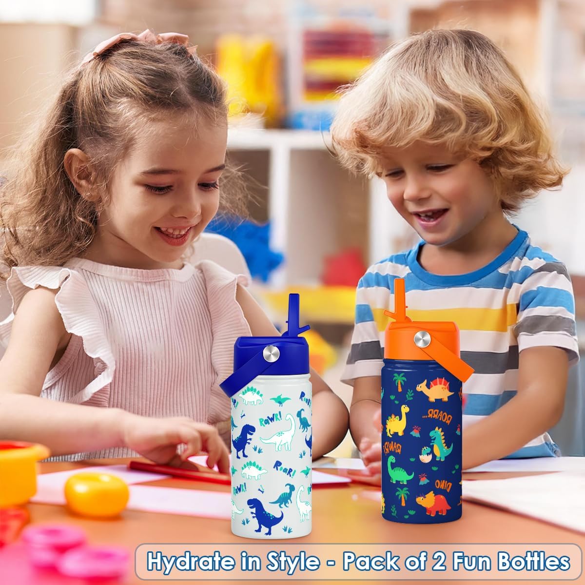 SANDJEST Dinosaur Kids Water Bottle with Straw Lid, Pack of 2 Insulated 12 Oz Stainless Steel Water Bottles for Boys, Travel Cup for School Sports - Image 4