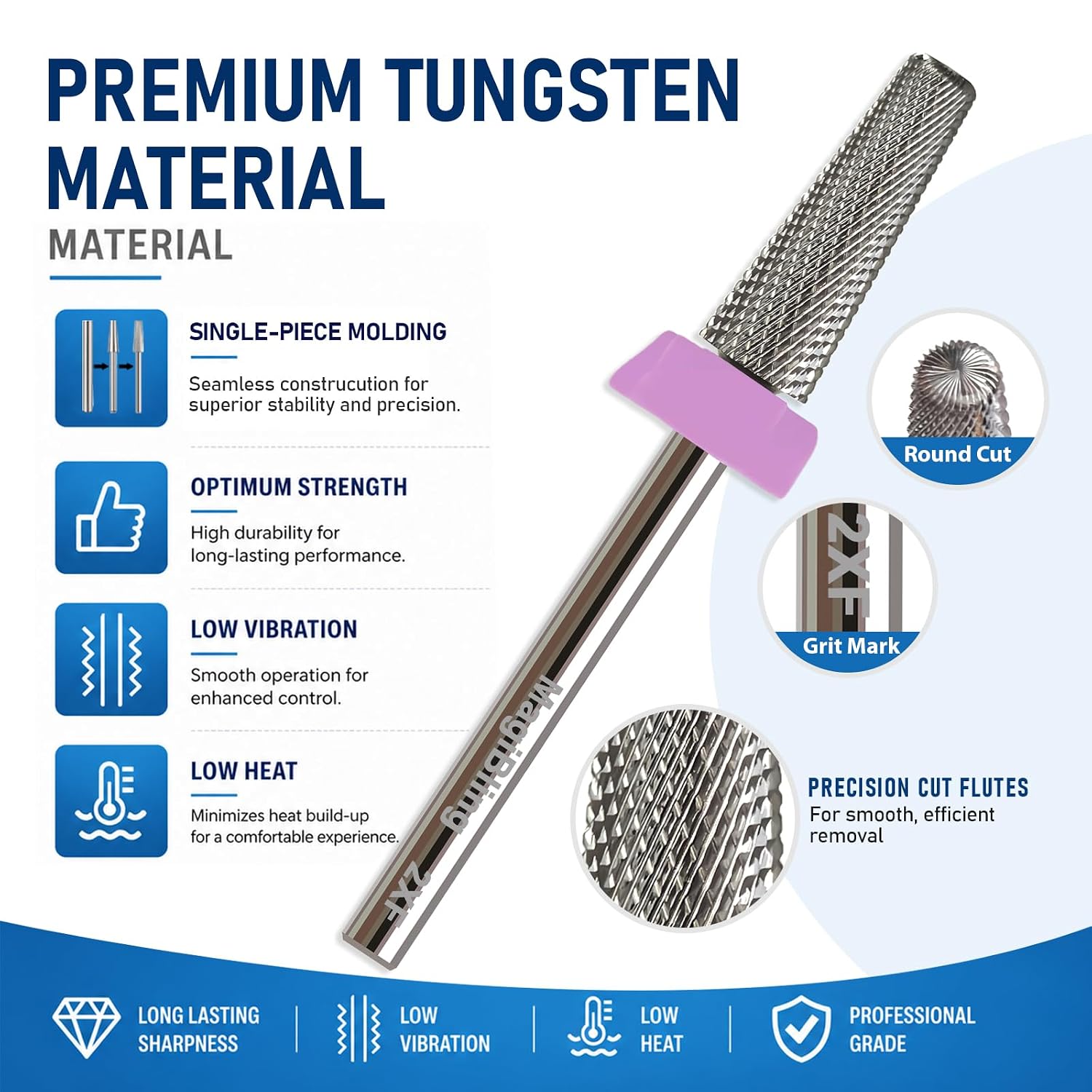 2XF Tapered Barrel Nail Drill Bit, 3/32” Cross-Cut Tungsten Carbide E-File Professional Bit, Single-Piece Molded, Ultra-Low Vibration Sensitive Natural Nails Gel Removal, Two-Way Rotation, Double Fine