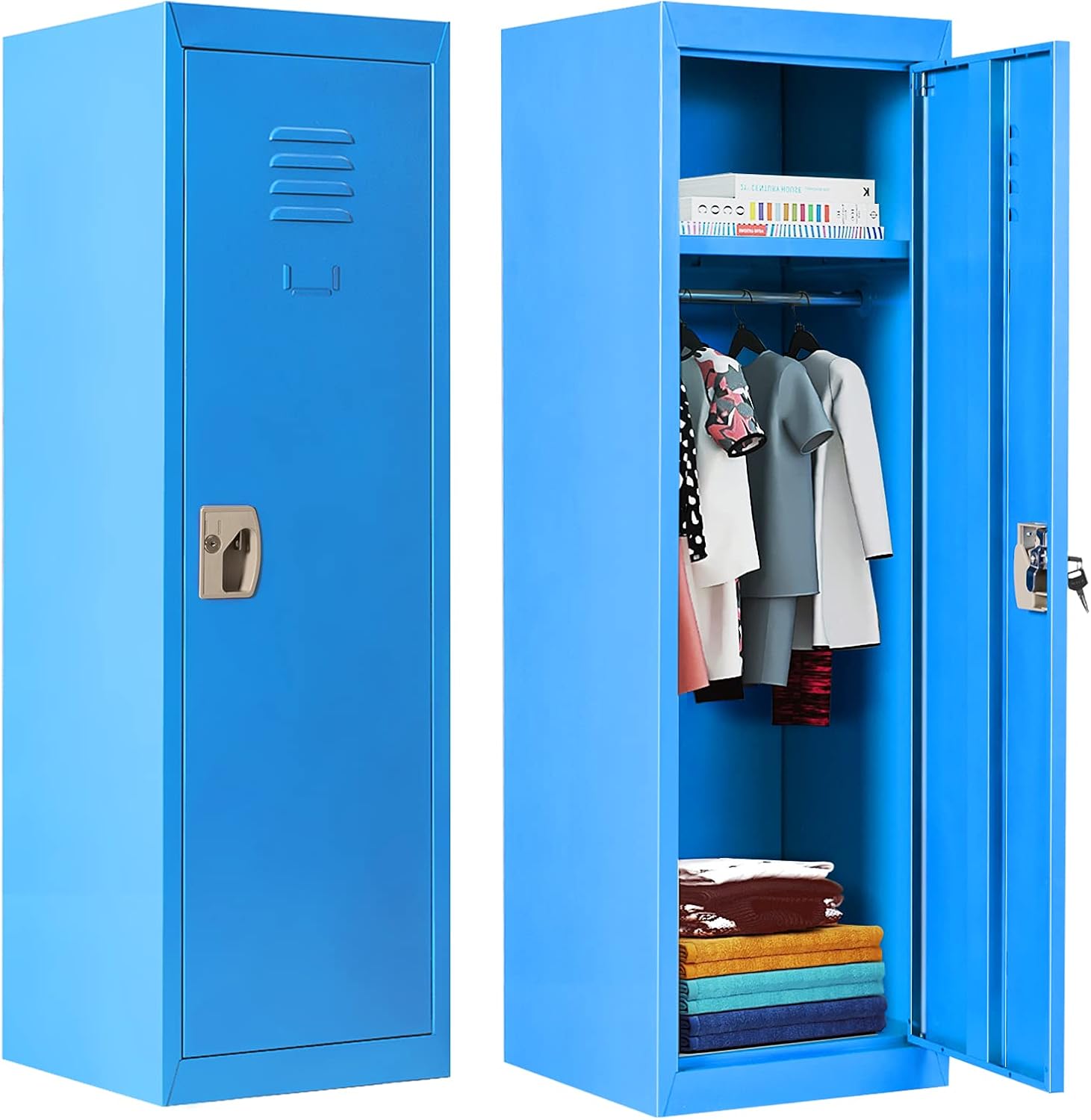 Costzon 48" Kids Locker Cabinet, Daycare Metal Coat Locker w/Hanging Rod & Shelf for Kids Room Bedroom School Classroom, 2-Tier Storage Locker w/ 2 Keys for Toys, Clothes, Sports Gear, Blue