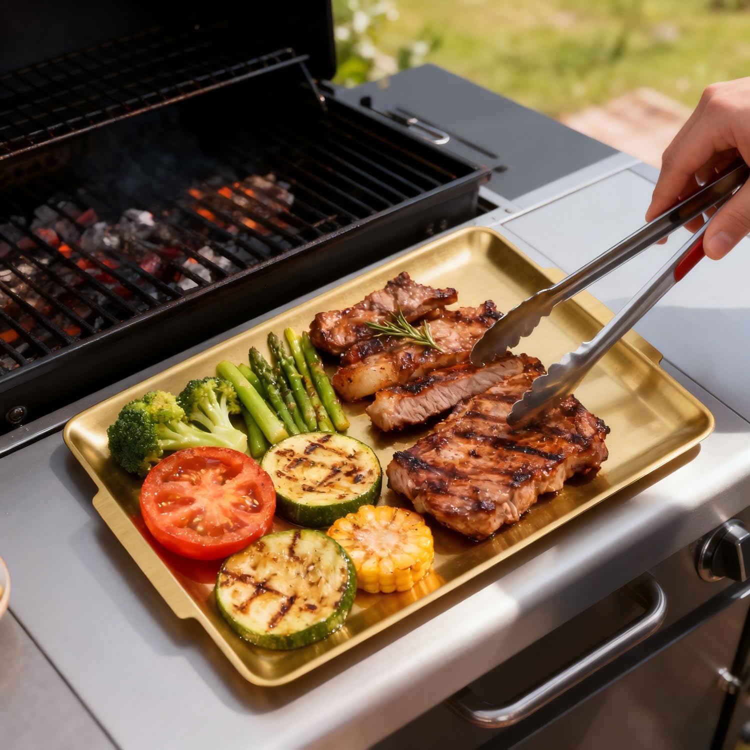 16.3" x 11" Large Serving Platters Set of 2, Stainless Steel Heavy-Duty Large Serving Trays, Gold Rectangular Plates for Food, Fruit, Party, Wedding, Christmas, Chip and Scratch Resistant