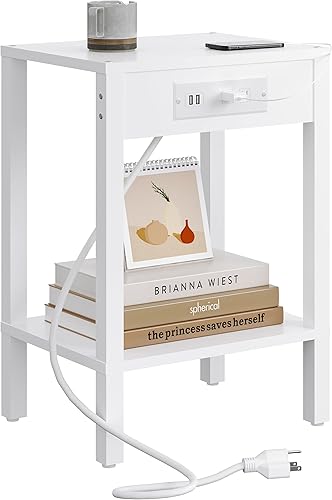 Miniatura 1 de Mesa auxiliar con estación de carga, mesita de noche de 2 niveles con estante de almacenamiento, mesa auxiliar moderna, mesita de noche para espacio