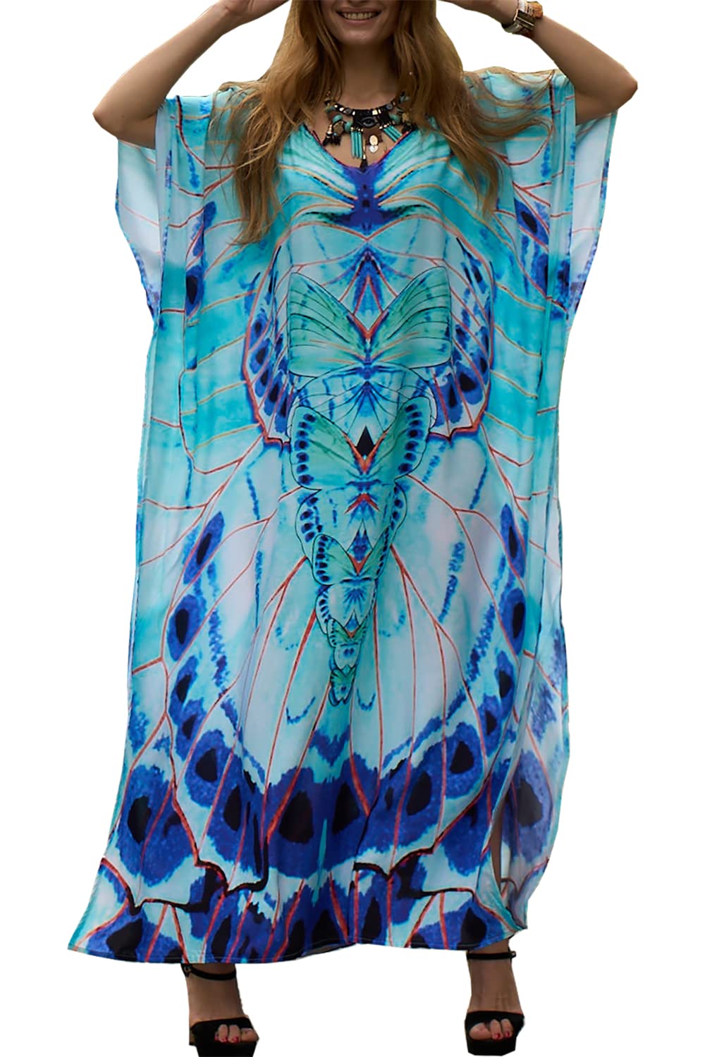 LikeJumpWomen's Boho Multicolor Kaftan Beach Dress Bikini Cover Ups Kimono Maxi Kaftan Plus Size