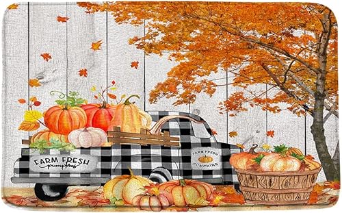Fall Pumpkin Bath Mat Autumn Maple Tree Leaves Thanksgiving Harvest Check Plaid Truck Pumpkins Rustic Wooden Board Microfiber Memory Foam Home disponible en Yaxa El Salvador