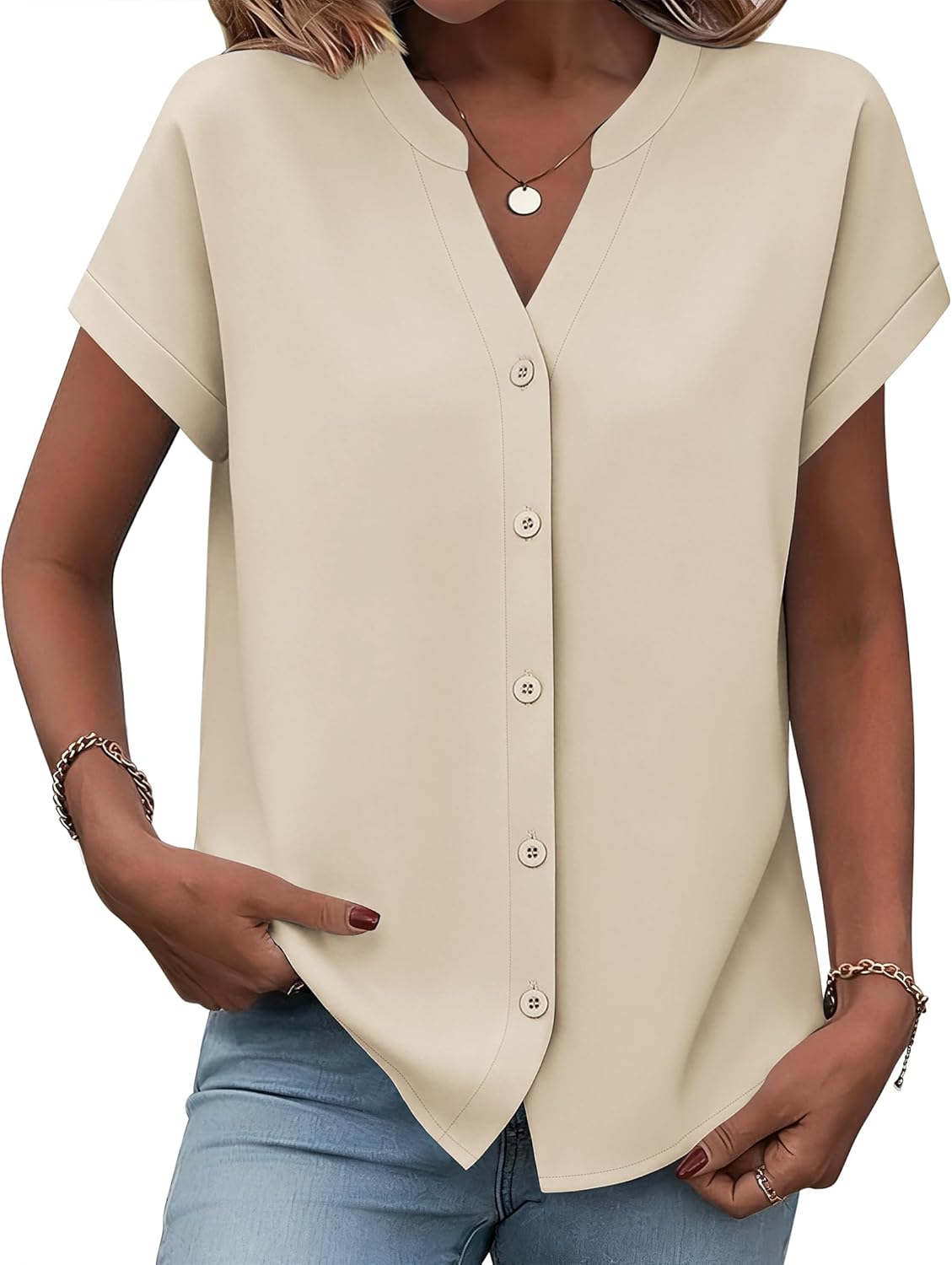 Zeagoo Button Down Shirts for Women Short Sleeve Tops V Neck Collar Blouses Business Casual Outfits S-2XL
