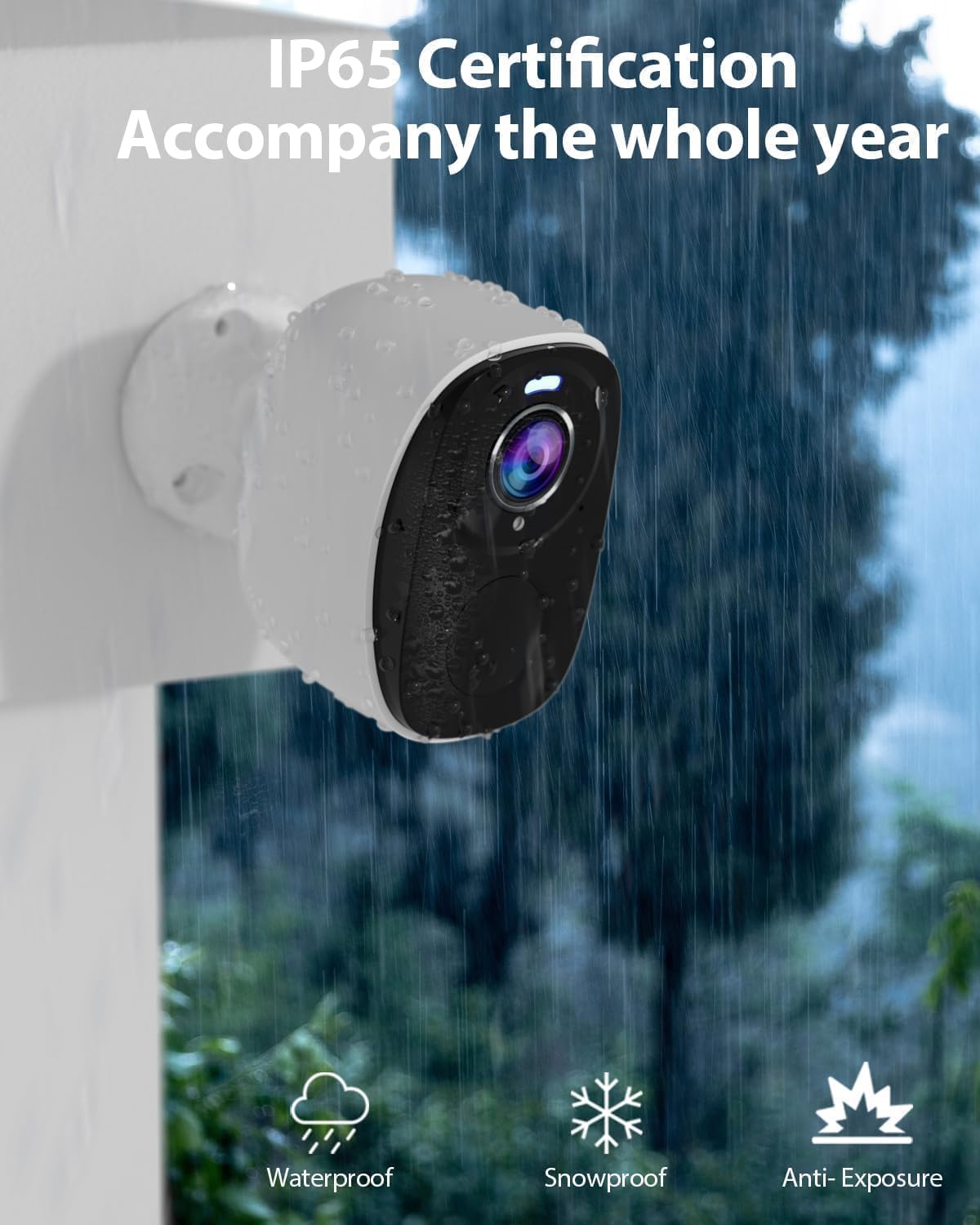 ELECCTV BW4 camera mounted outdoors in the rain, illustrating its IP65 waterproof certification.