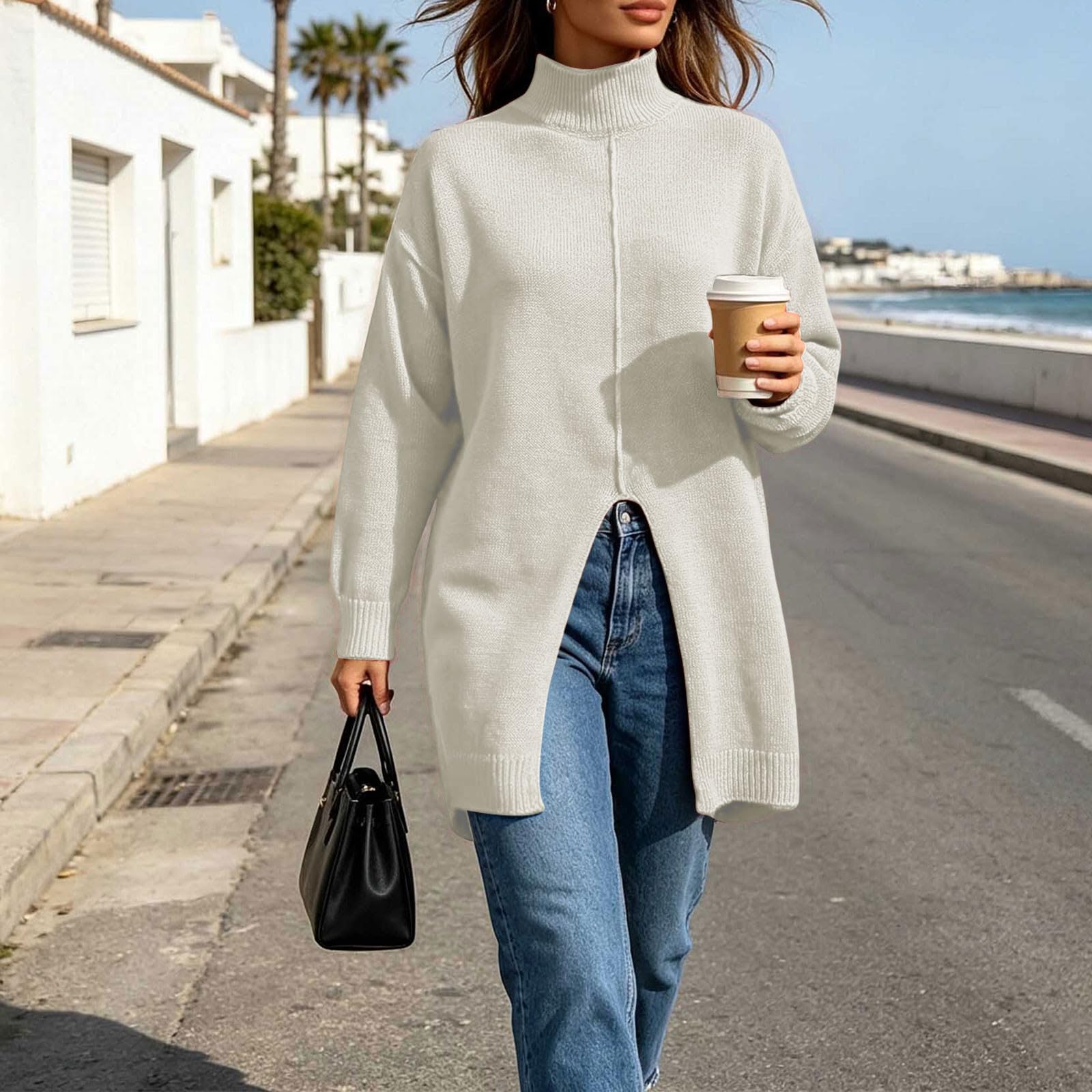 Rollkragenpullover Damen Lang Strickpullover Baumwolle Pullover Oversize