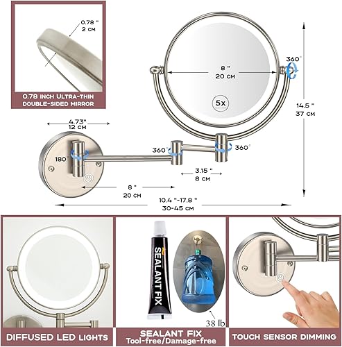 Miniatura 5 de Espejo de maquillaje con aumento para baño, montado en la pared con luz, espejo de tocador iluminado LED de 7 W, brazo de extensión de latón