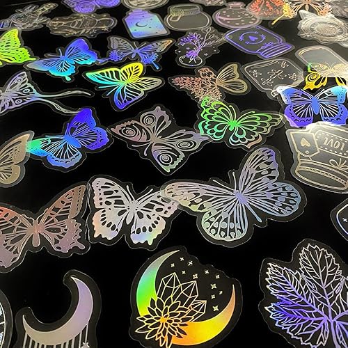 Miniatura 3 de Yoksas Calcomanías Holográficas con Purpurina - 200 Piezas Calcomanías Transparentes de Mariposas Plantas Brujeriles para Álbumes de Recortes,