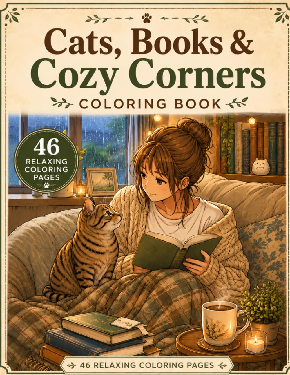 Cats, Books & Cozy Corners: Coloring Book: 46 Relaxing Coloring Pages