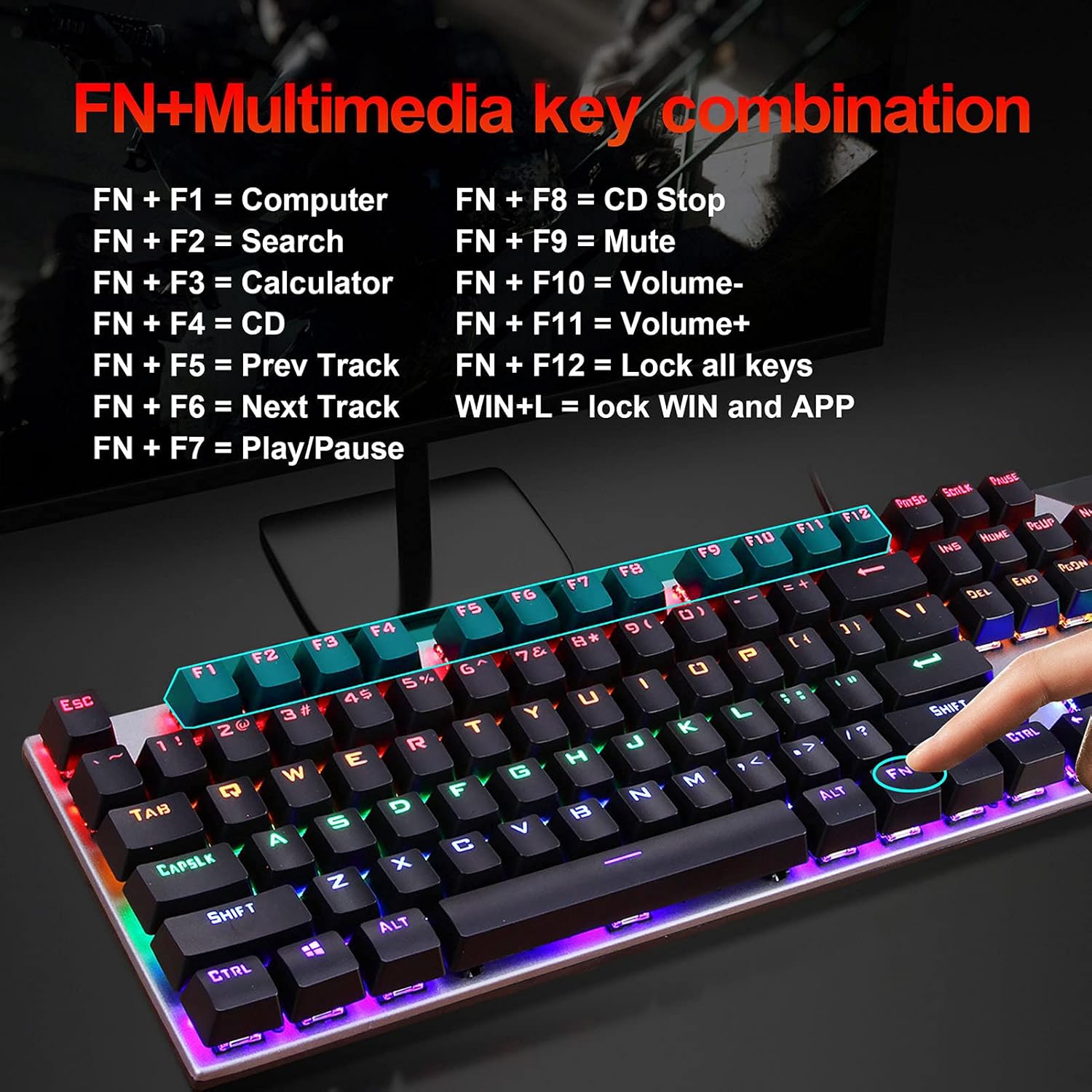 Diagram showing FN key combinations for multimedia and system functions on the HXSJ L300 keyboard.