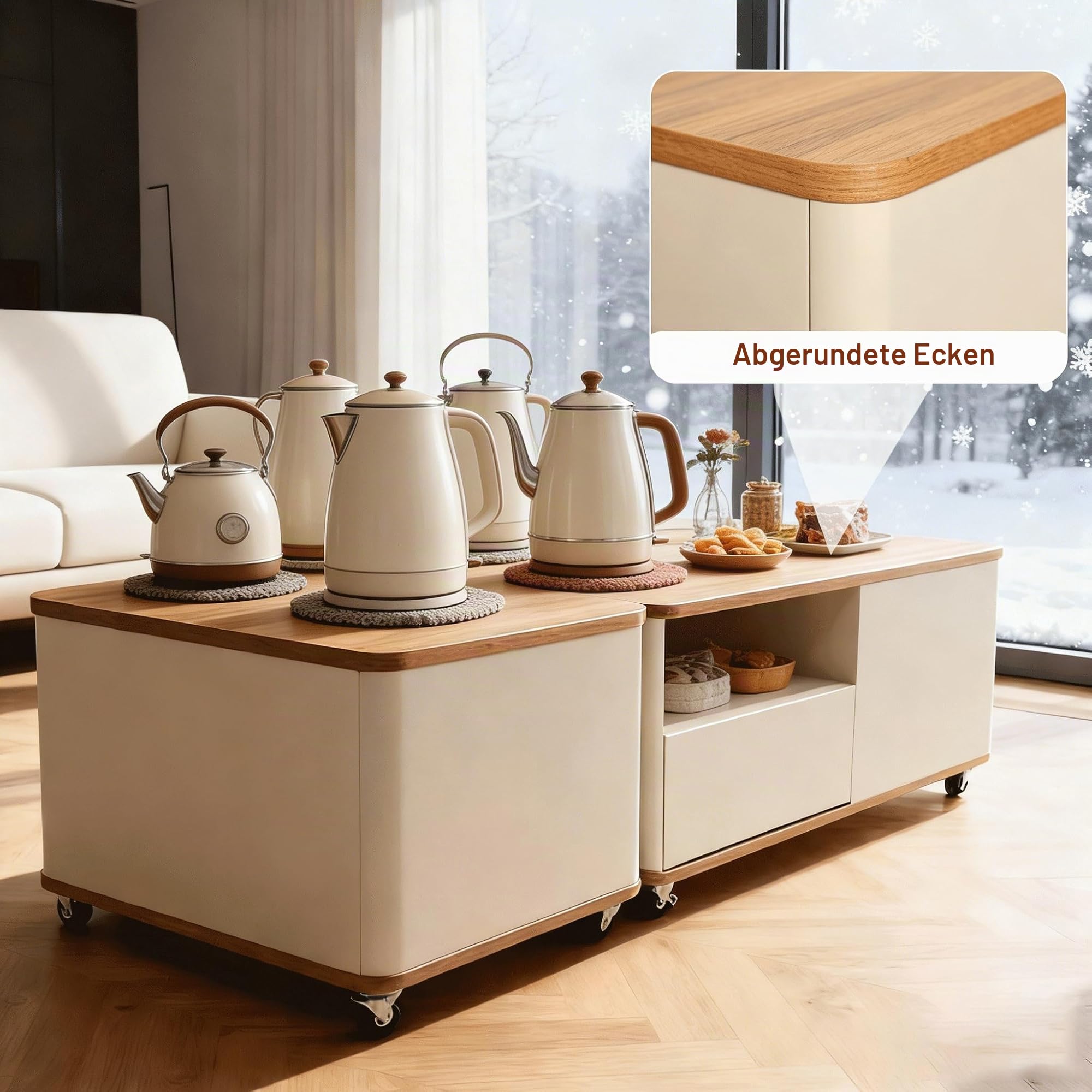 Modularer Couchtisch Holz mit 12 Rollen, Wohnzimmertisch 2er Set mit 2 Schubladen Stauraum & 2 Tabletts, Kaffeetisch Flexibler Kombinierbarer, Couchtische, Wohnzimmer Tisch für Couch (Braun)