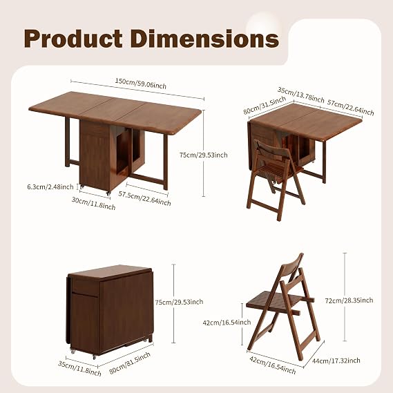 Small Drop Leaf Table - Folding Dining Table Set for 6 with 6 Foldable Chairs Inside, Fully Assembled Solid Wood Space-Saving Kitchen Table and Chairs Set with Storage & Lockable Wheels, Walnut, 59