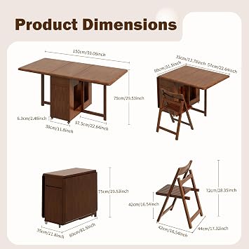 Small Drop Leaf Table - Folding Dining Table Set for 6 with 6 Foldable Chairs Inside, Fully Assembled Solid Wood Space-Saving Kitchen Table and Chairs Set with Storage & Lockable Wheels, Walnut, 59