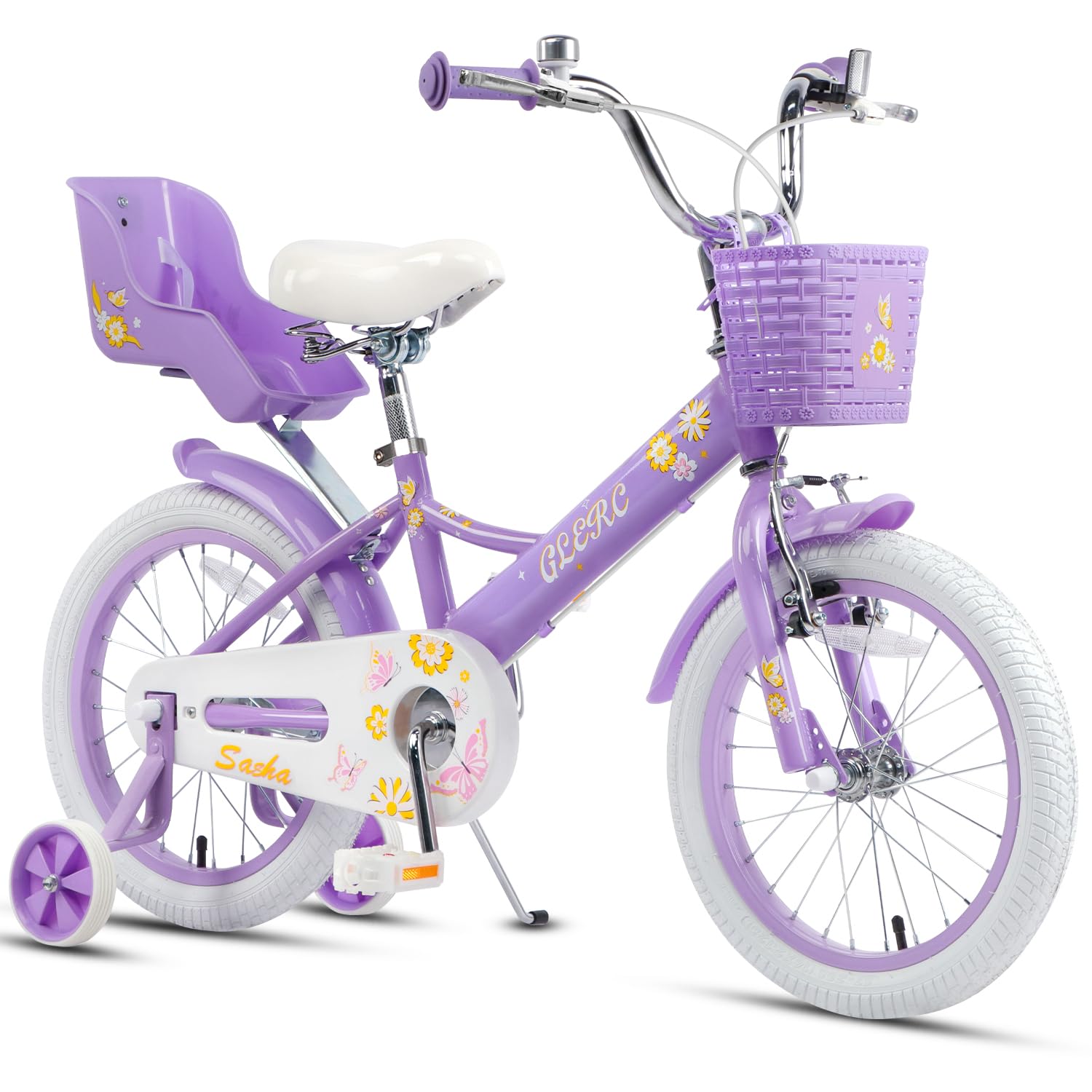 【Glerc】Sasha16インチ子供用自転車 可愛い蝶柄付き女の子人気 4歳5歳6歳7歳8歳9歳 幼児小学生乗り練習街乗り自転車 柔らかいサドル/前かご/補助輪/キックスタンド/泥除け/ぬいぐるみ座席人形シート パープル紫