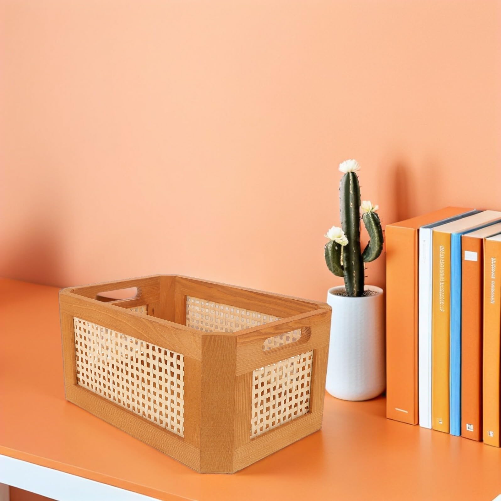 Kleiner Aufbewahrungskorb aus Rattan mit Henkel, Holz, 30x20x14 Cm