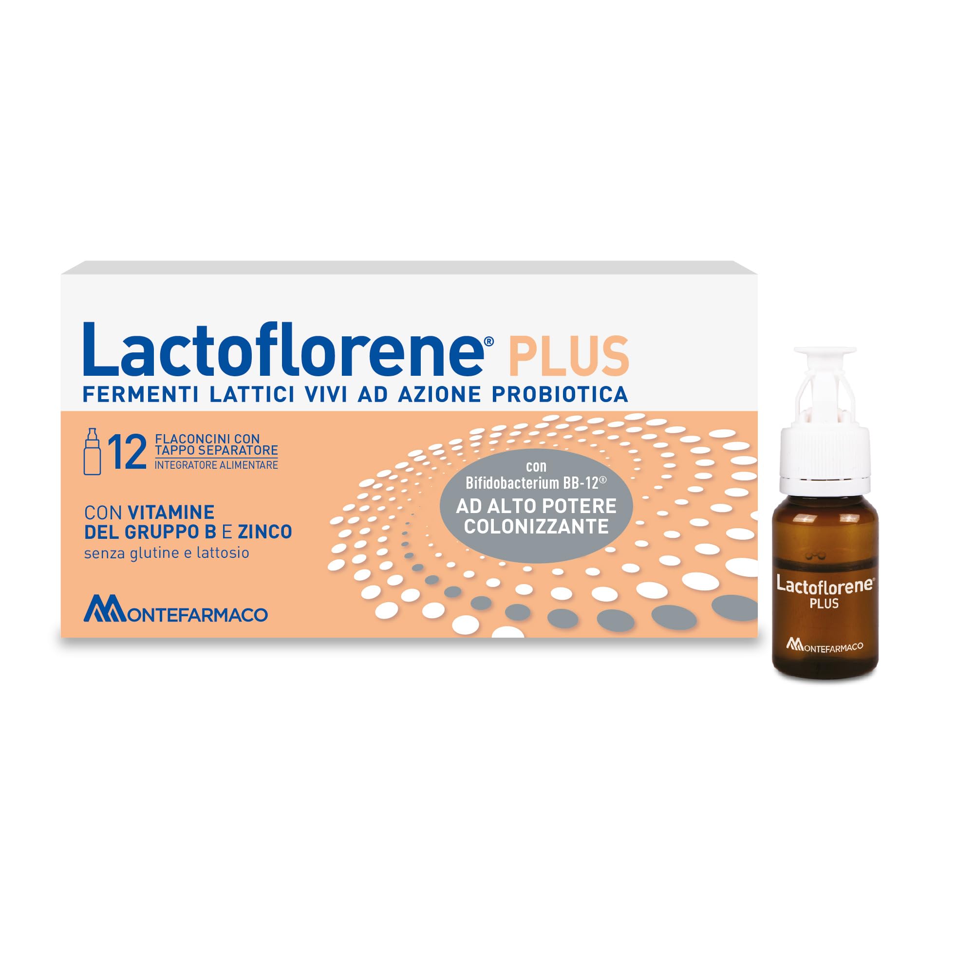 Lactoflorene Plus, Fermenti Lattici, Probiotici, Senza Glutine Senza Lattosio - Integratori Adulti a base di Probiotici con Zinco e Vitamina B per l'Equilibrio della Flora Intestinale (12 Flaconcini)