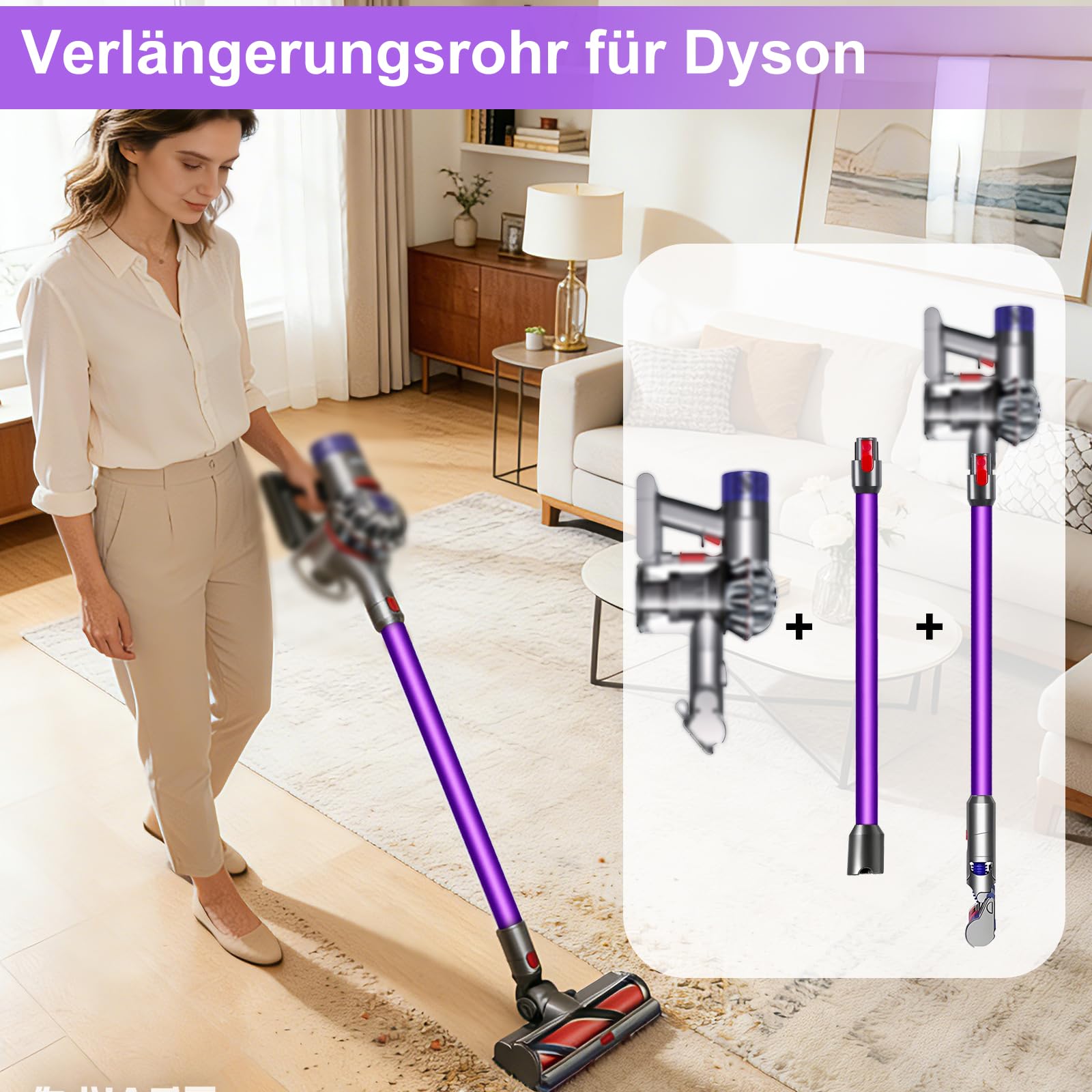 72cm Verlängerungsrohr +Weißer Gänsekopfpinsel,Kompatibel mit Dyson V7 V8 V10 V11 V15, Schnellwechsel Aluminium Rohr, Ersatzteil für Staubsauger(Lila)