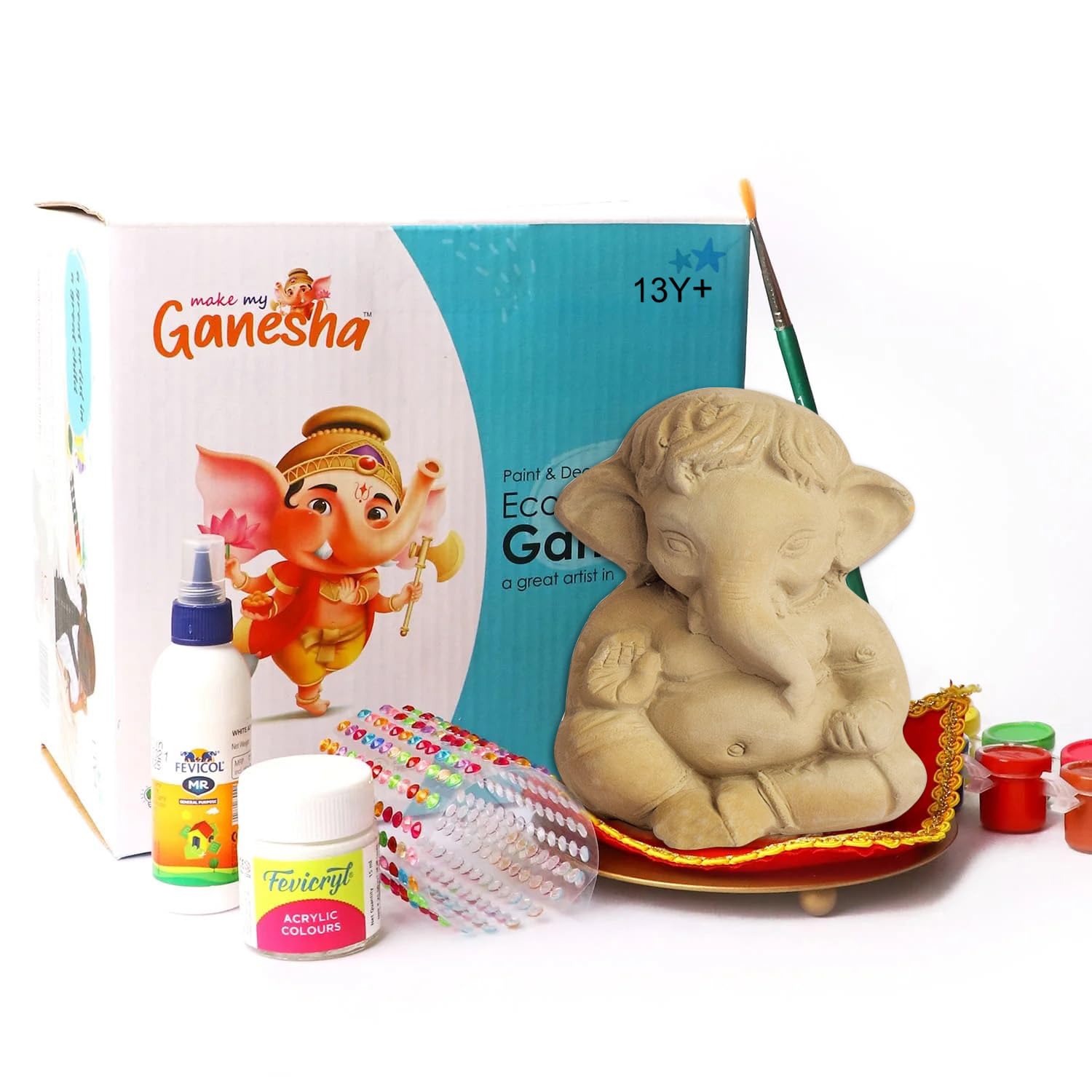 SATVIK Make My Ganesha Kit fai da te per dipingere e decorare fai da te ecologico Lord Ganesha Idolo per Visarjan, statua di Ganpati solubile in acqua in terracotta idolo di Ganesh Chaturthi, idolo