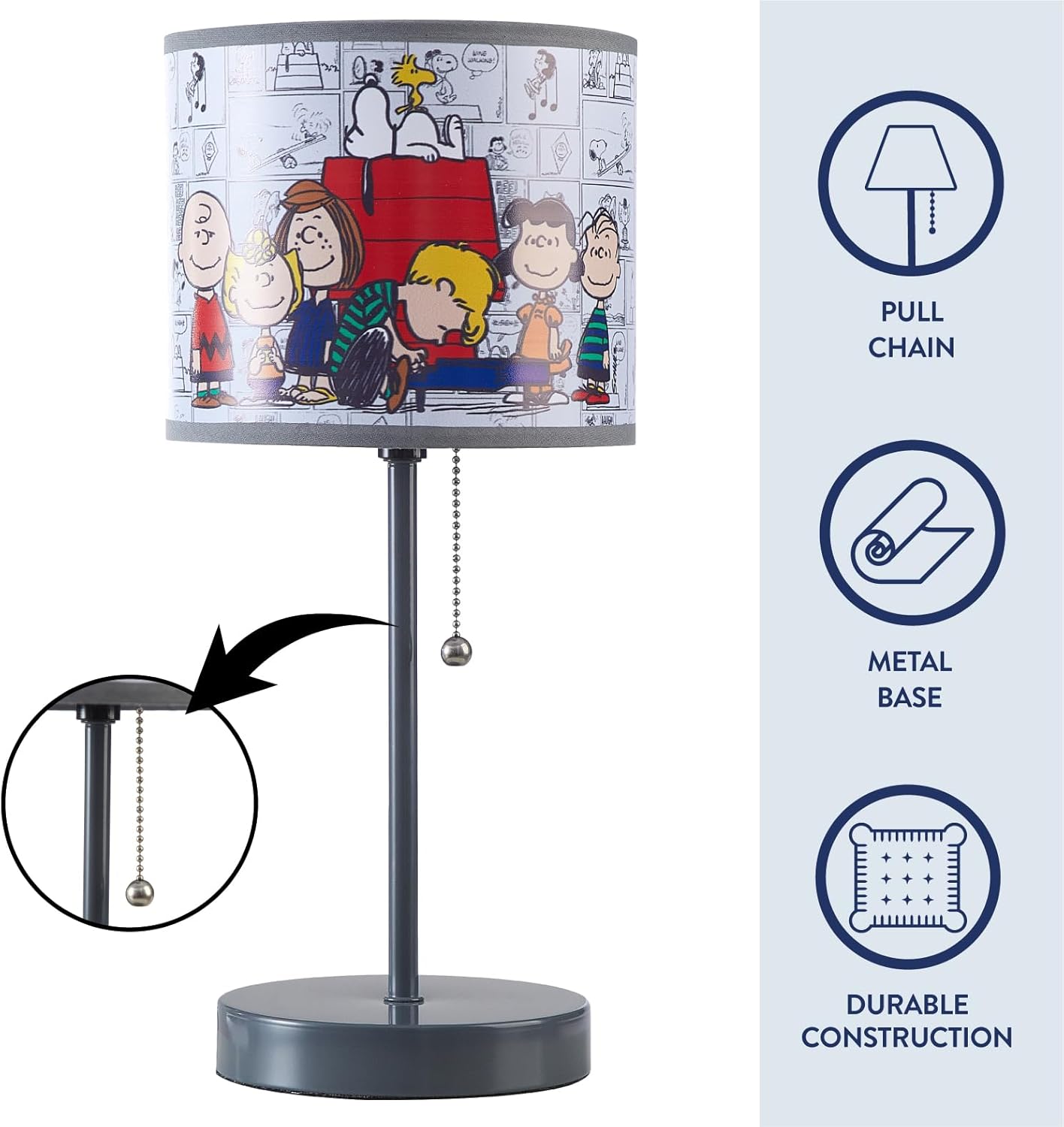 idea nuova table lamp for kids, stick lamp with printed shade & pull chain, bedroom or nursery nightstand lighting,peanuts