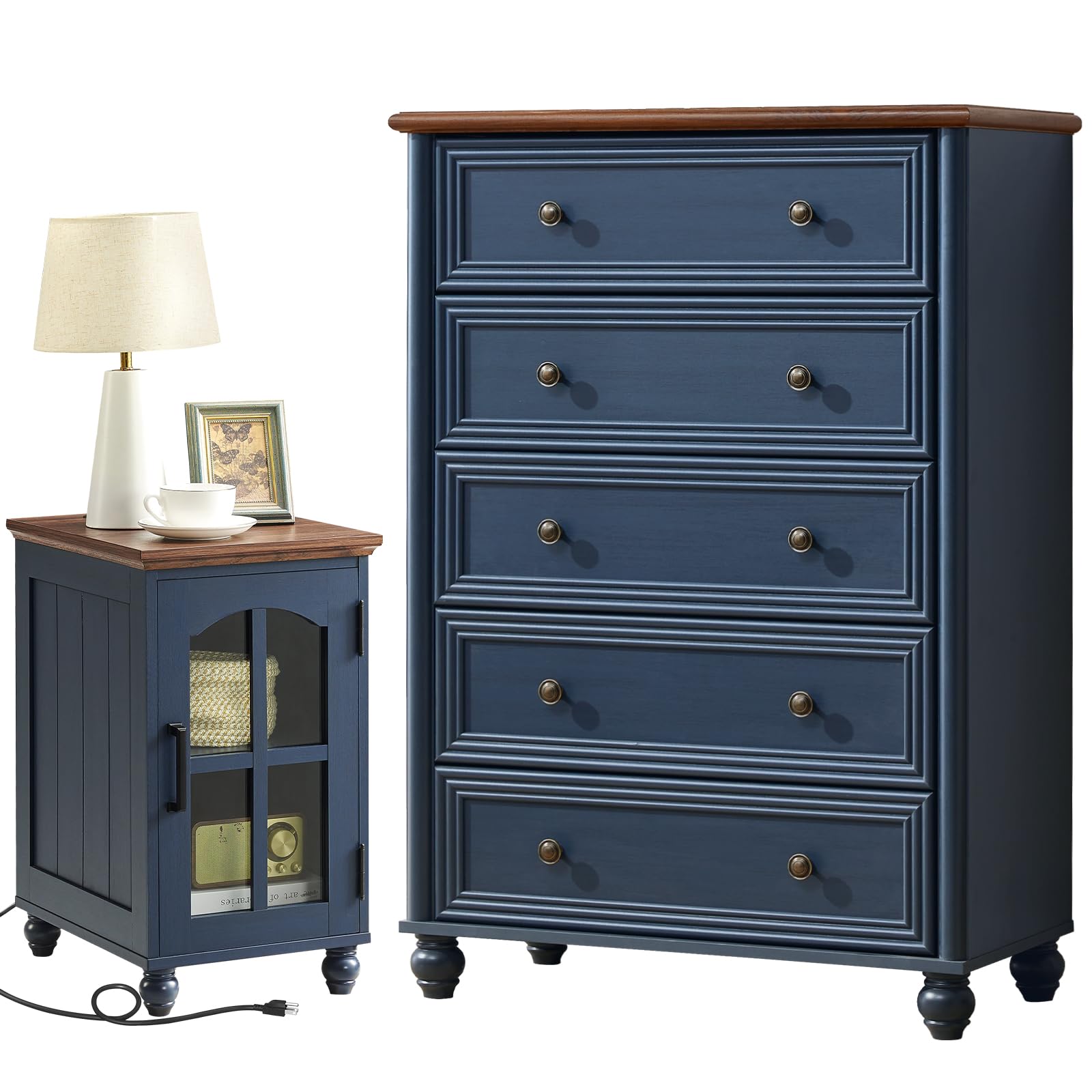 RWYHG Farmhouse Dressers and Nightstand Set of 2,Wood 31.5" Wide 5 Drawer Dresser 18'' Narrow Side Table with Charging Station,Roman Column Bedroom