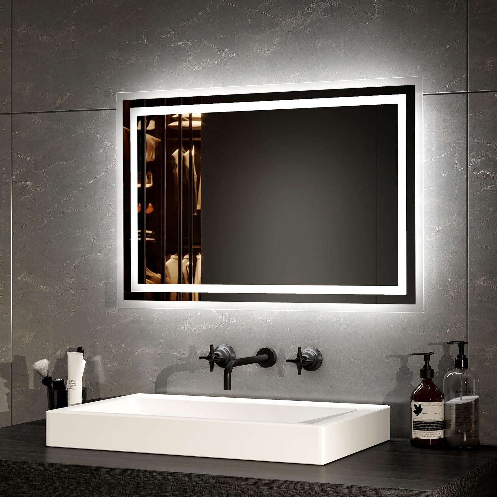 EMKE Badspiegel mit Beleuchtung 40x60cm LED Badspiegel Antibeschlag Kaltweiß Warmweiß Lichtspiegel, badezimmerspiegel mit Taste Schalter Hochwertiger Aluminiumrahmen IP44 Energiesparend