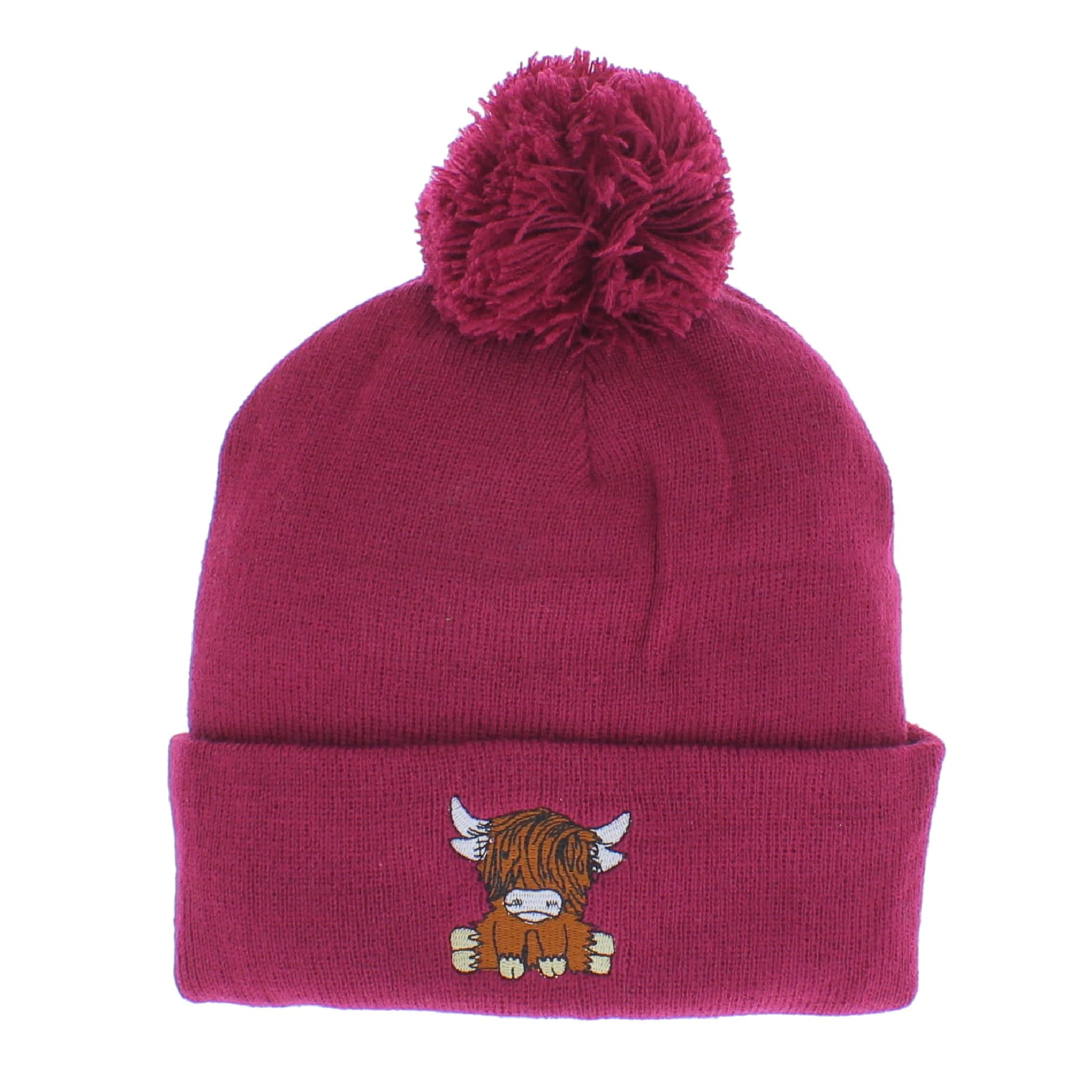 Bobble Hat with Highland Cow Embroidery, One Size, Adults (UK, Alpha, One Size, Plum)
