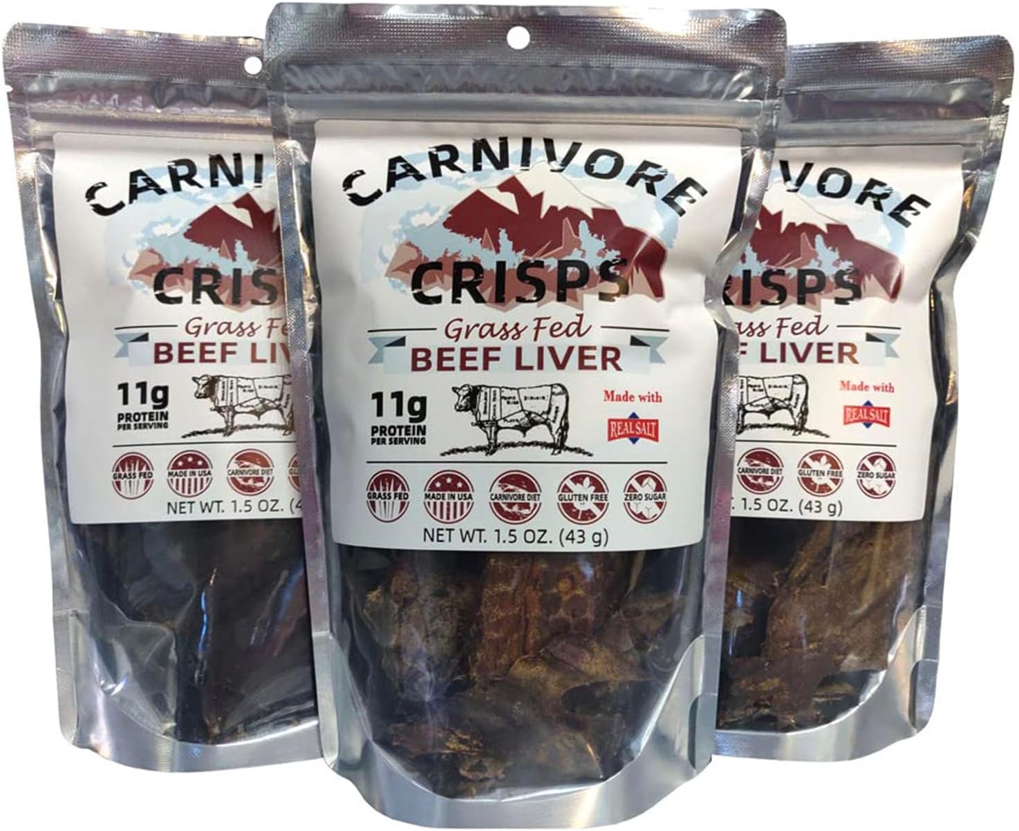 Carnivore Crisps Beef Liver, (3) 1.5 oz Bag, 12 g proteins per Serving, Made with Redmond Real Salt, Diet Approved, Keto Approved, 1.5 Ounce (Pack of 3)