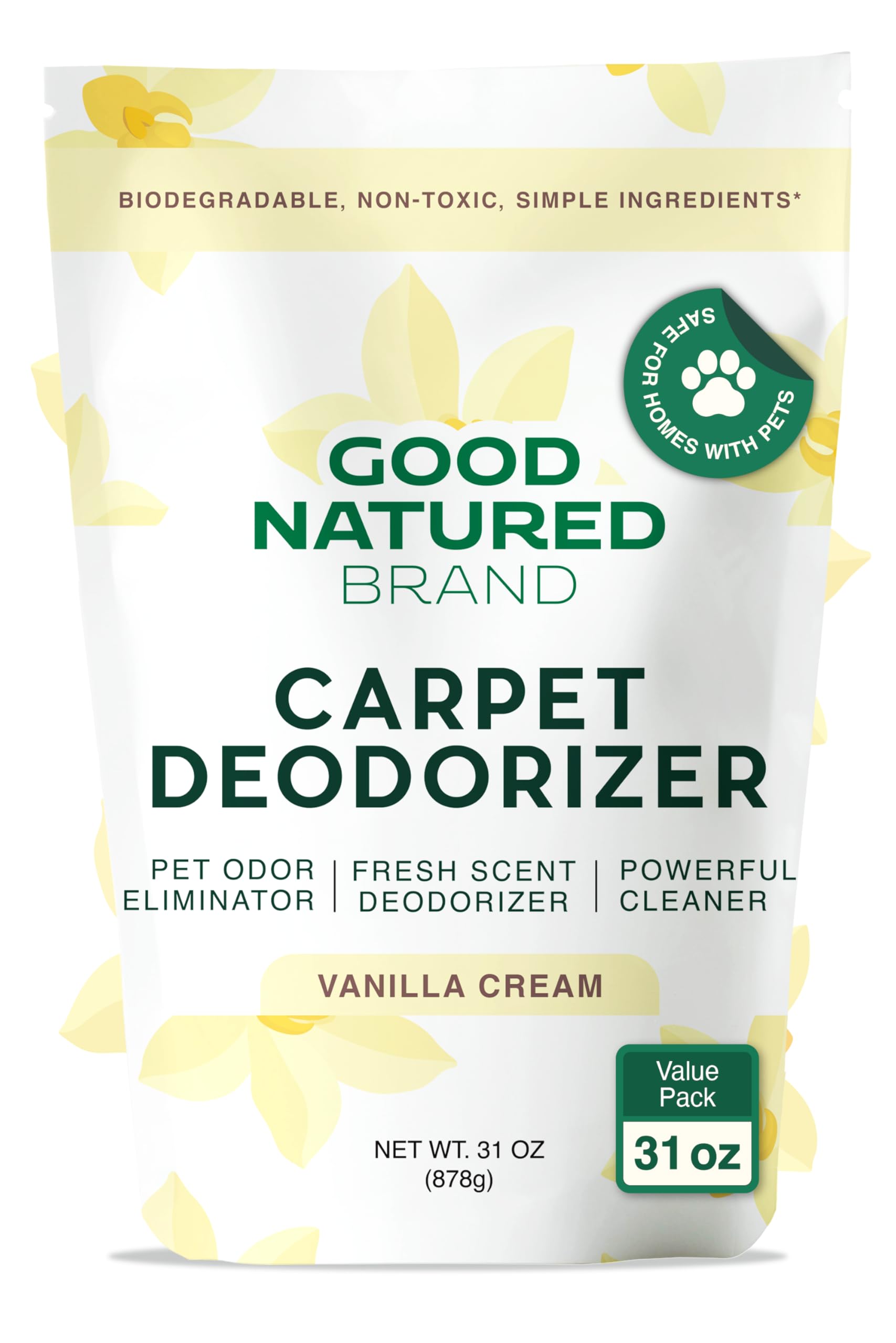 Good Natured Brand | Carpet Deodorizer &amp; Freshener Powder | 31 oz Pet Odor Eliminator for Strong Odor &amp; Pet Urine | Fresh Natural Vanilla Cream Scent | Safe for Homes with Pets