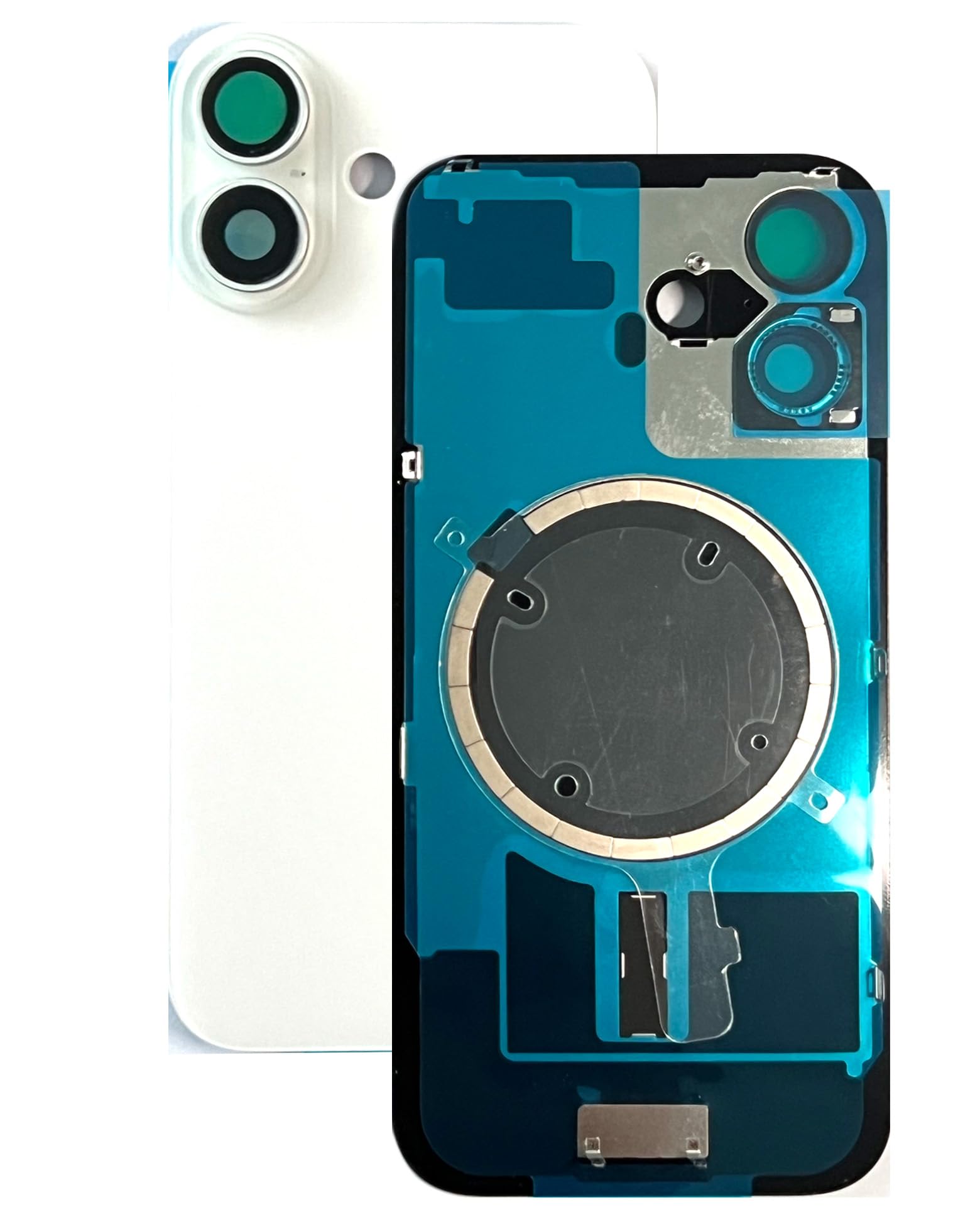 SVV Coque arrière, cache batterie compatible avec iPhone 16. Pré-assemblé : avec aimant, support métallique, bagues de caméra, etc. Verre arrière de remplacement. OEM (Blanc)