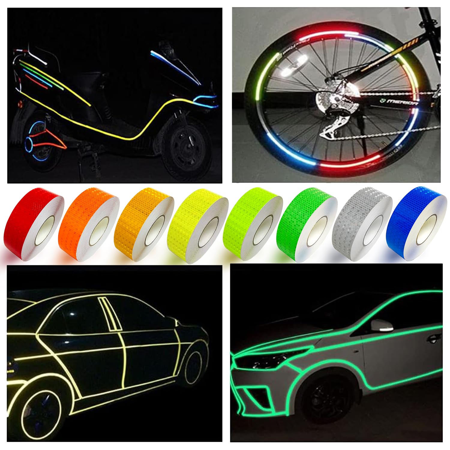 8 Rolls of 8 Colors High-Visibility Reflective Tape - Waterproof Self-Adhesive Safety Stickers for Outdoor Nighttime Visibility, Trailers, Clothing, Vehicles (1 in x 80 ft.) | Reflective stickers, night safety, waterproof, self adhesive. For clothing, trailers, vehicles, outdoor