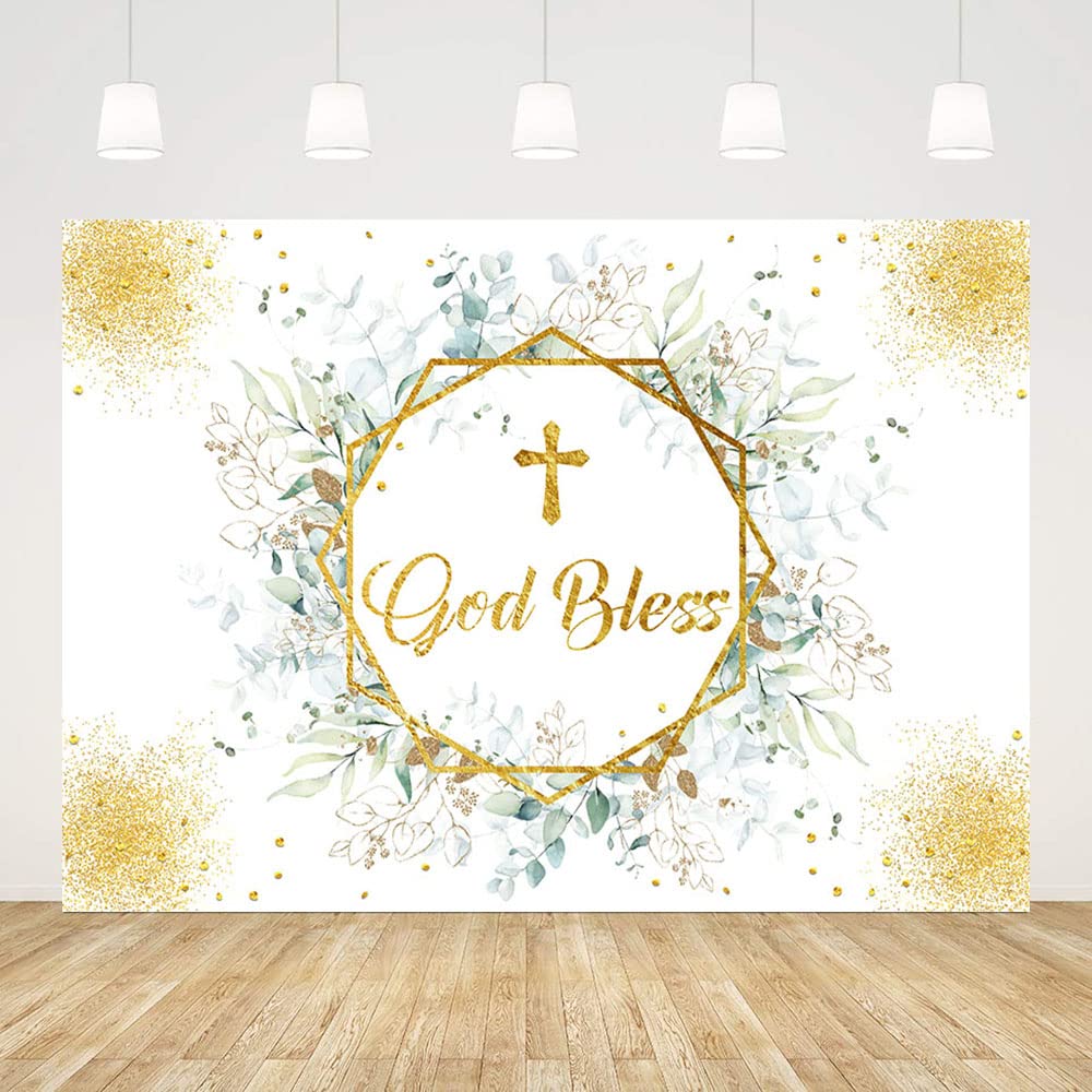 Sendy 7x5ft Greenery God Bless Backdrop First Holy Communion Baptism Decorations Green Eucalyptus Leaves Golden Dots Photography Background Photo Studio Booth Props