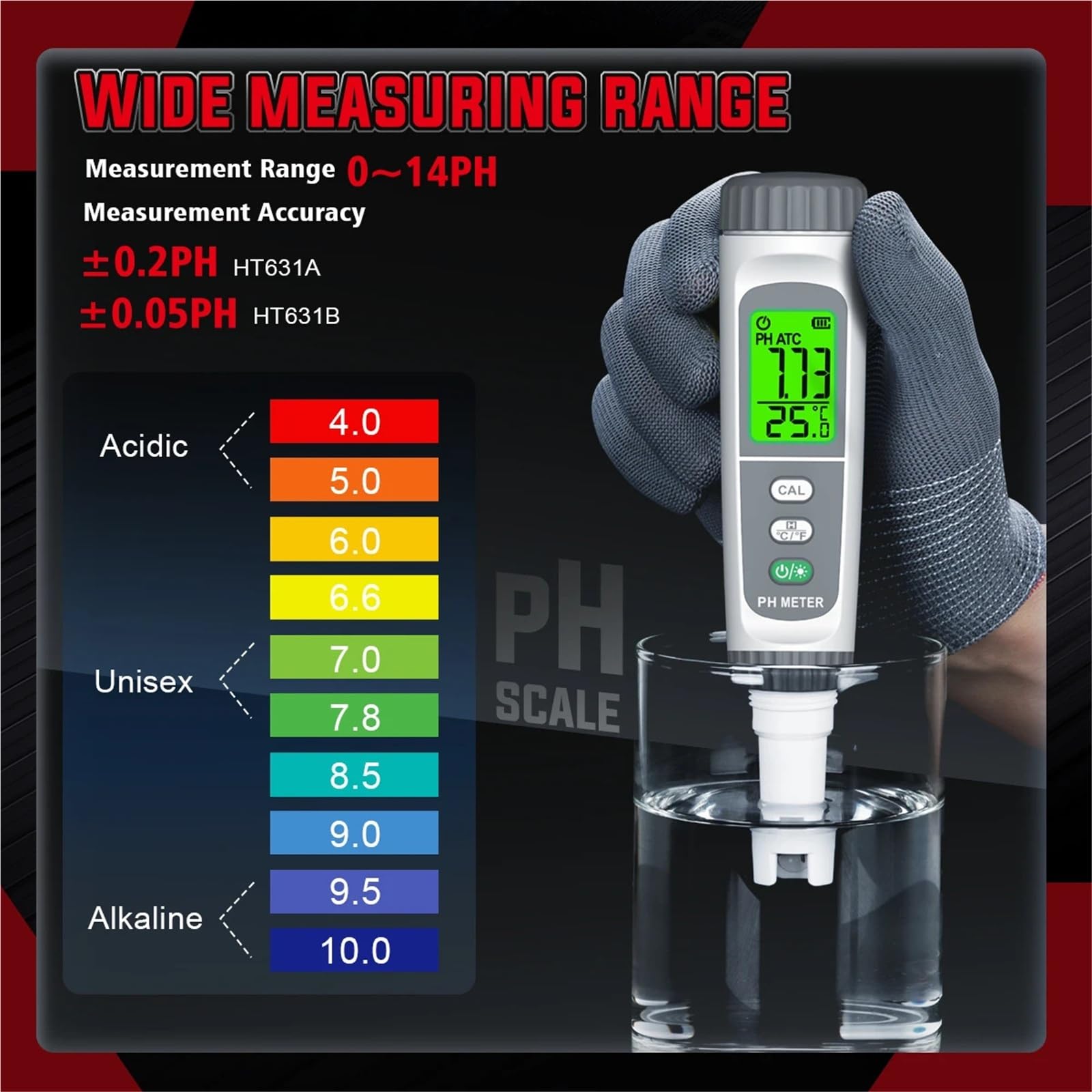 Testeur d'eau, Testeur de pH numérique avec ATC, Stylo testeur de pH Haute précision, testeur de qualité de l'eau for la consommation Domestique et l'aquarium(631B)
