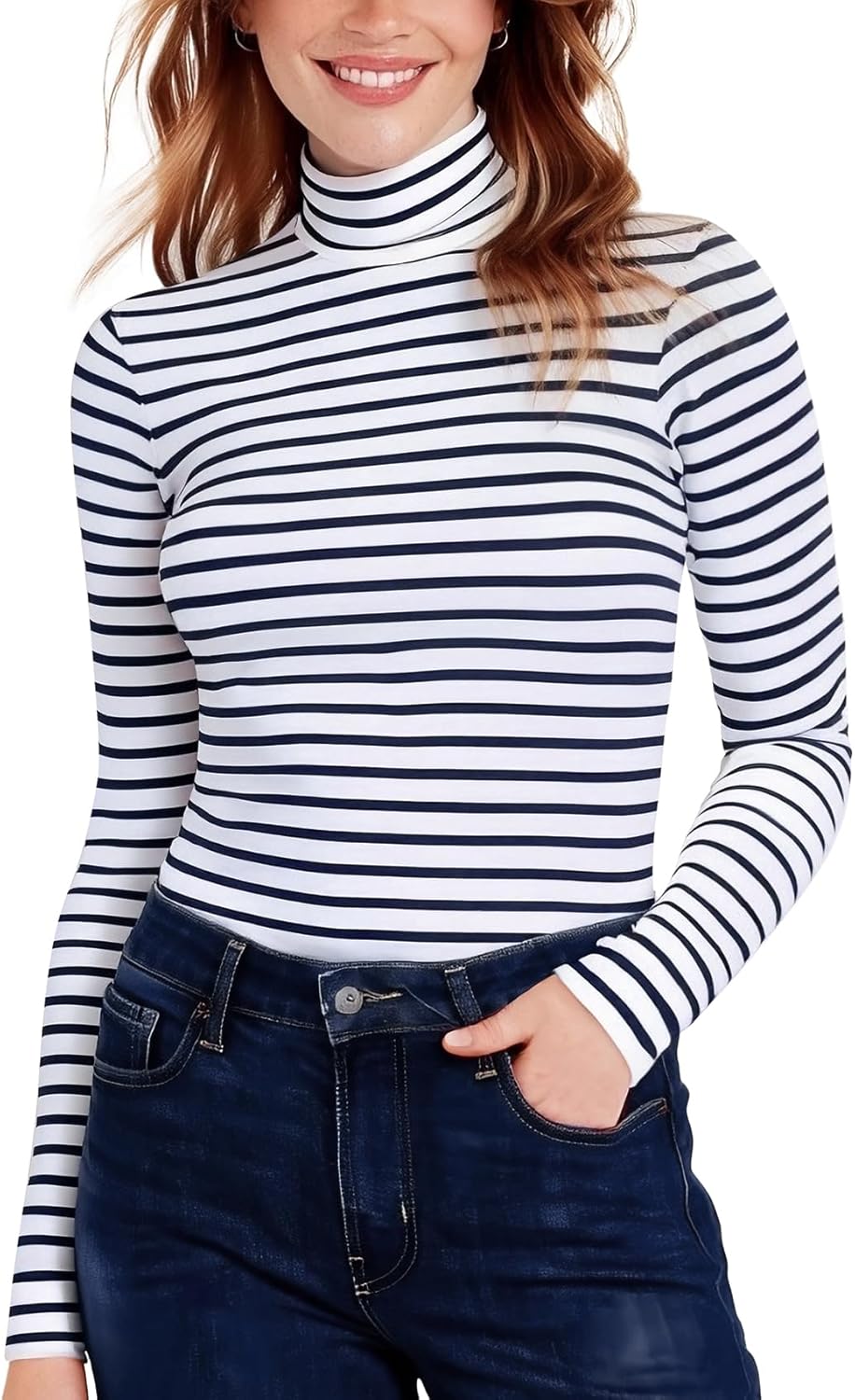 Zengjo Striped Turtleneck Women Long Sleeve Fitted High Neck Top Lightweight Soft Stretchy