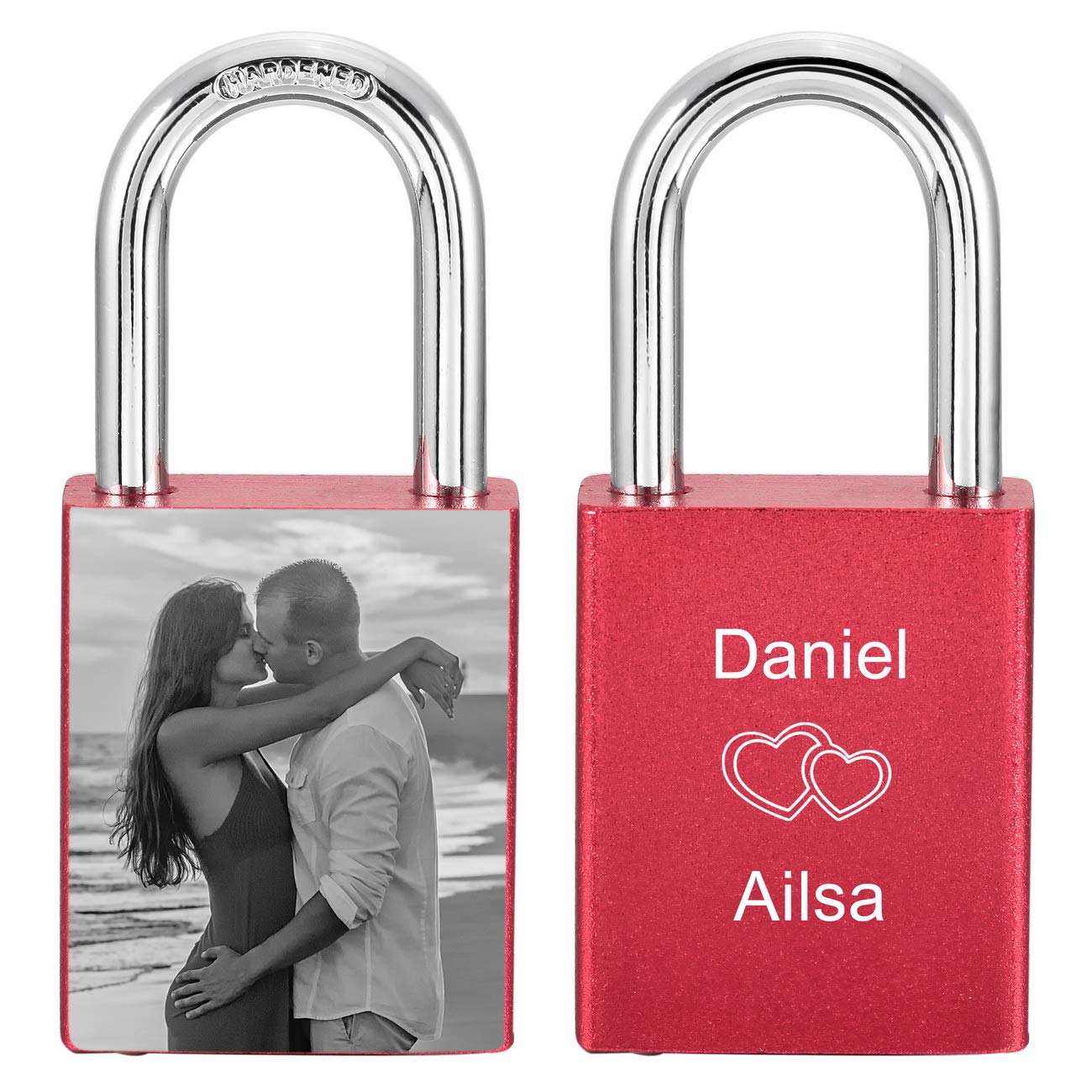MeMeDIY Personalized Love Lock Engraving Photo Custom Picture for Couples Men Women Boyfriend Girlfriend Lover Aluminum Memorial Anniversary Valentine Bridge Padlock with Key (Red Color)