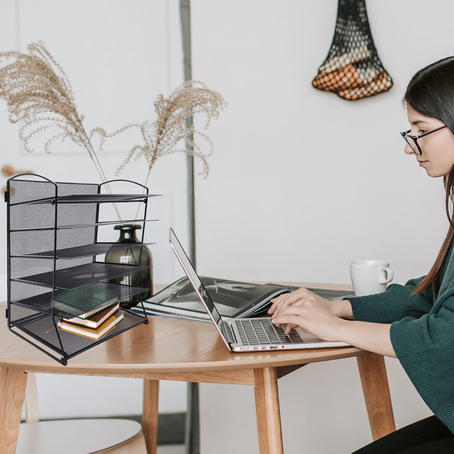 Cabilock Multi-Layer Detachable Iron Mesh File Rack, Sturdy Desktop Office Documents Organizer, Black Metal File Holder for Home and Workplace Filing