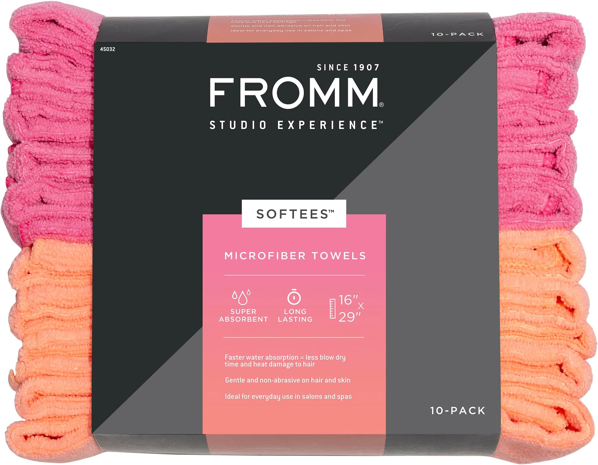 Fromm Softees Microfiber Towels for Hair Salon, Barber, Spa, Gym, Hair Wrap for Drying Curly, Long, Wavy Hair, Pink/Orange, 16 x 29 Inches, 10 Pack