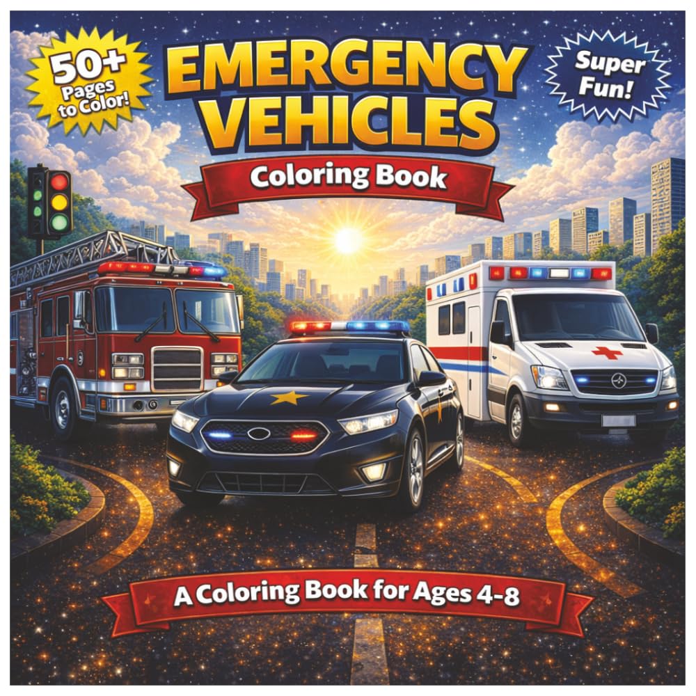 Emergency Vehicles Coloring Book: 50+ Fun Coloring Pages with Fire Trucks, Police Cars, Ambulances, and Rescue Vehicles for Kids Ages 4–8 (Color & ... Emergency and Farming Vehicles!)