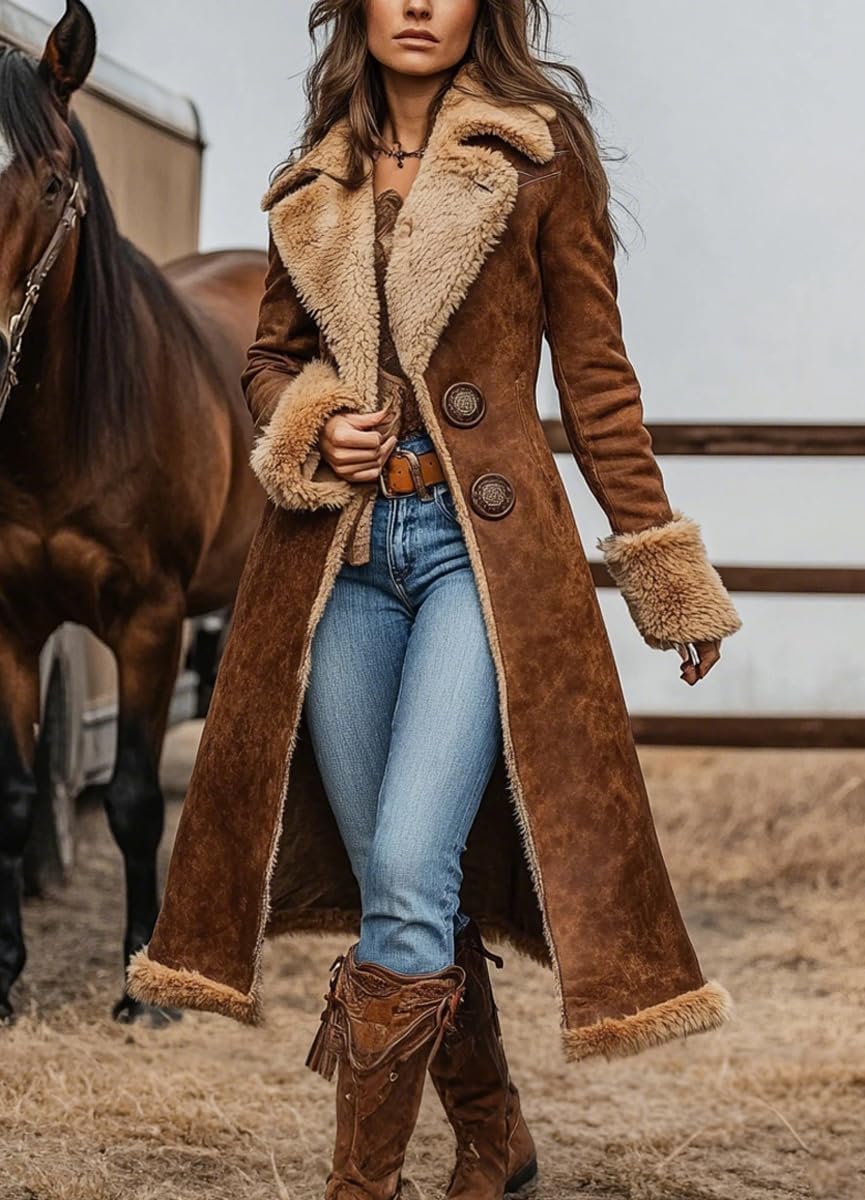 Ru Sweet Women's Winter Faux Suede Sherpa Fleece Lined Jacket Fuzzy Long Sleeve Warm Trench Overcoat - Image 2