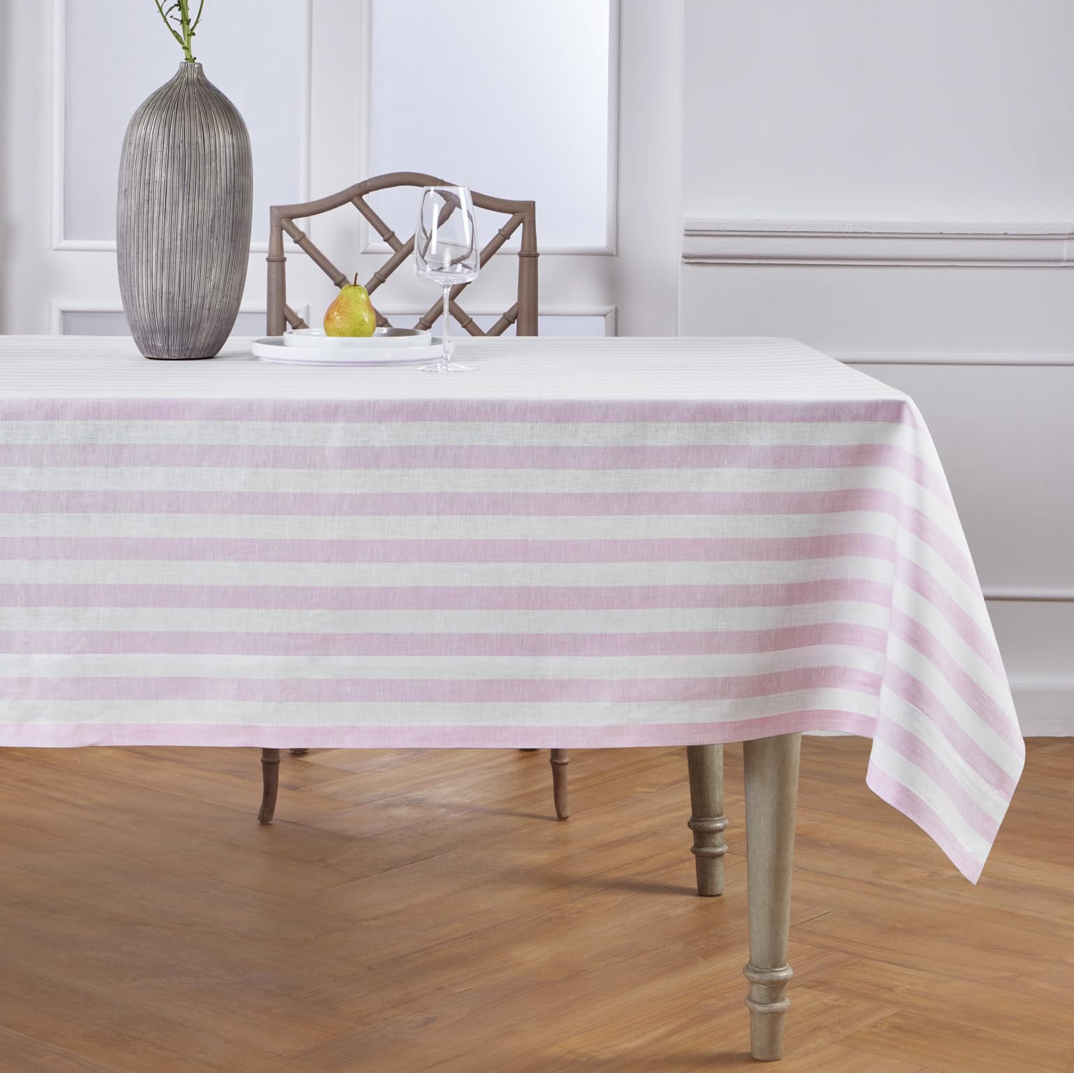 Solino Home Linen Striped Tablecloth 52 x 52 Inch - 100% Pure Linen Pink and White Square Table Throw - Sorrento Stripe, Machine Washable Tablecloth for Summer